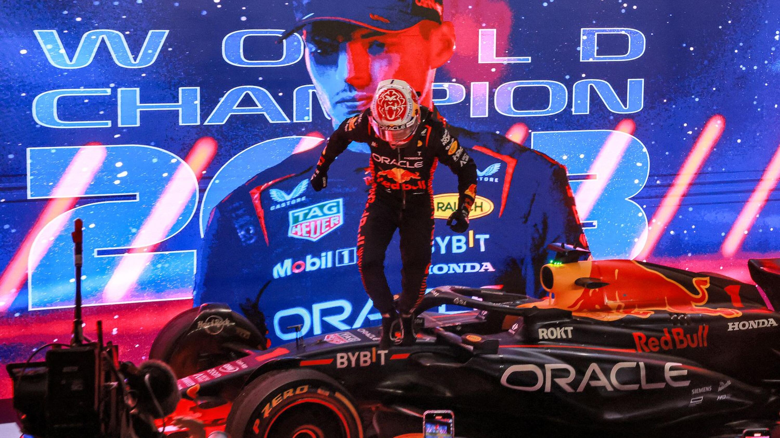 Red Bull Racing's Dutch driver Max Verstappen celebrates winning his third world title