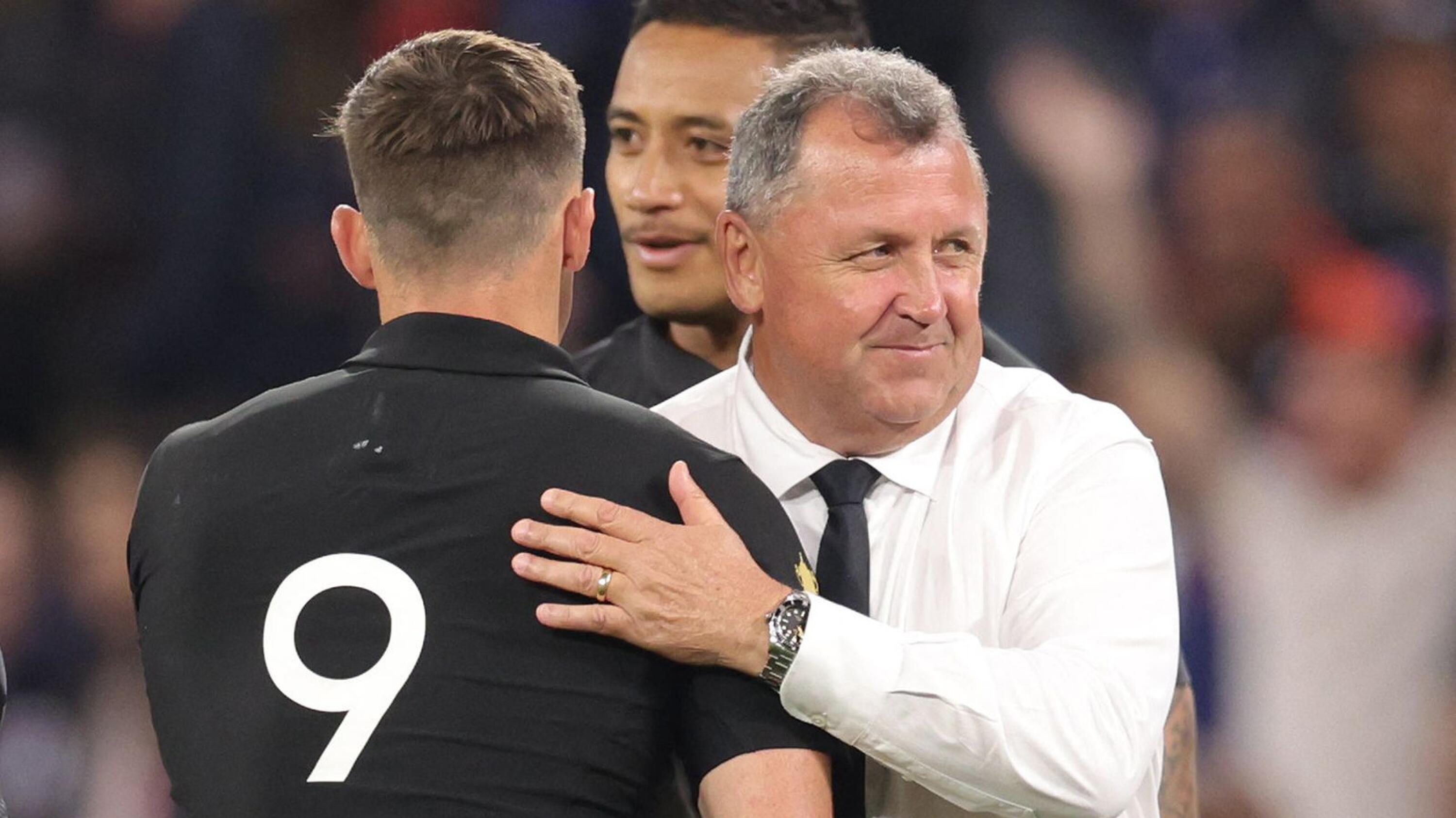 Ian Foster, the New Zealand’s head coach, reacts after winning the pool A match against Uruguay during the Rugby World Cup France 2023 at OL Stadium, Lyon, France