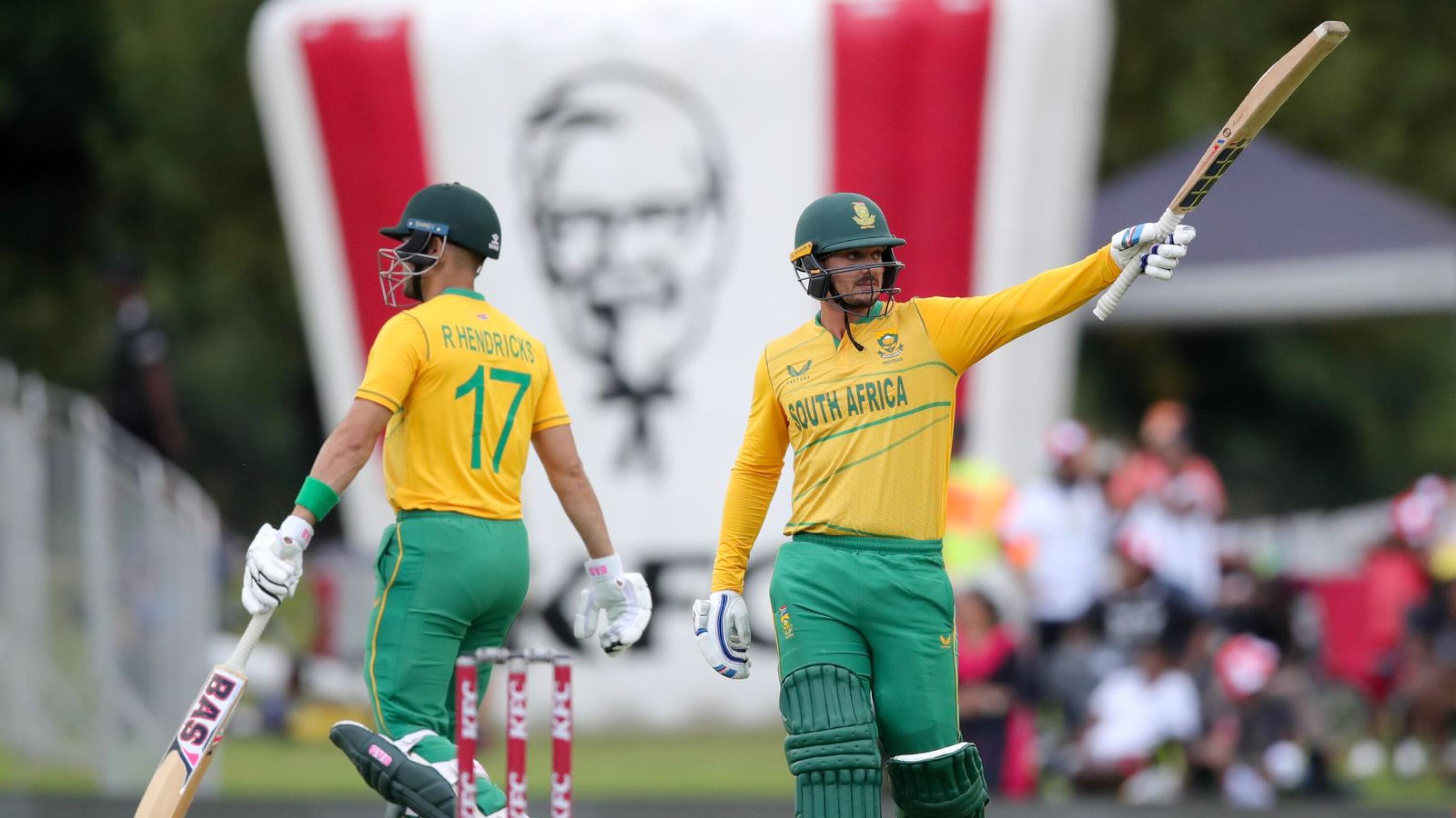 South Africa’s Quinton de Kock celebrates with Reeza Hendricks after reaching his 50 runs during the second T20I against the West Indies at SuperSport Park in Centurion on Sunday