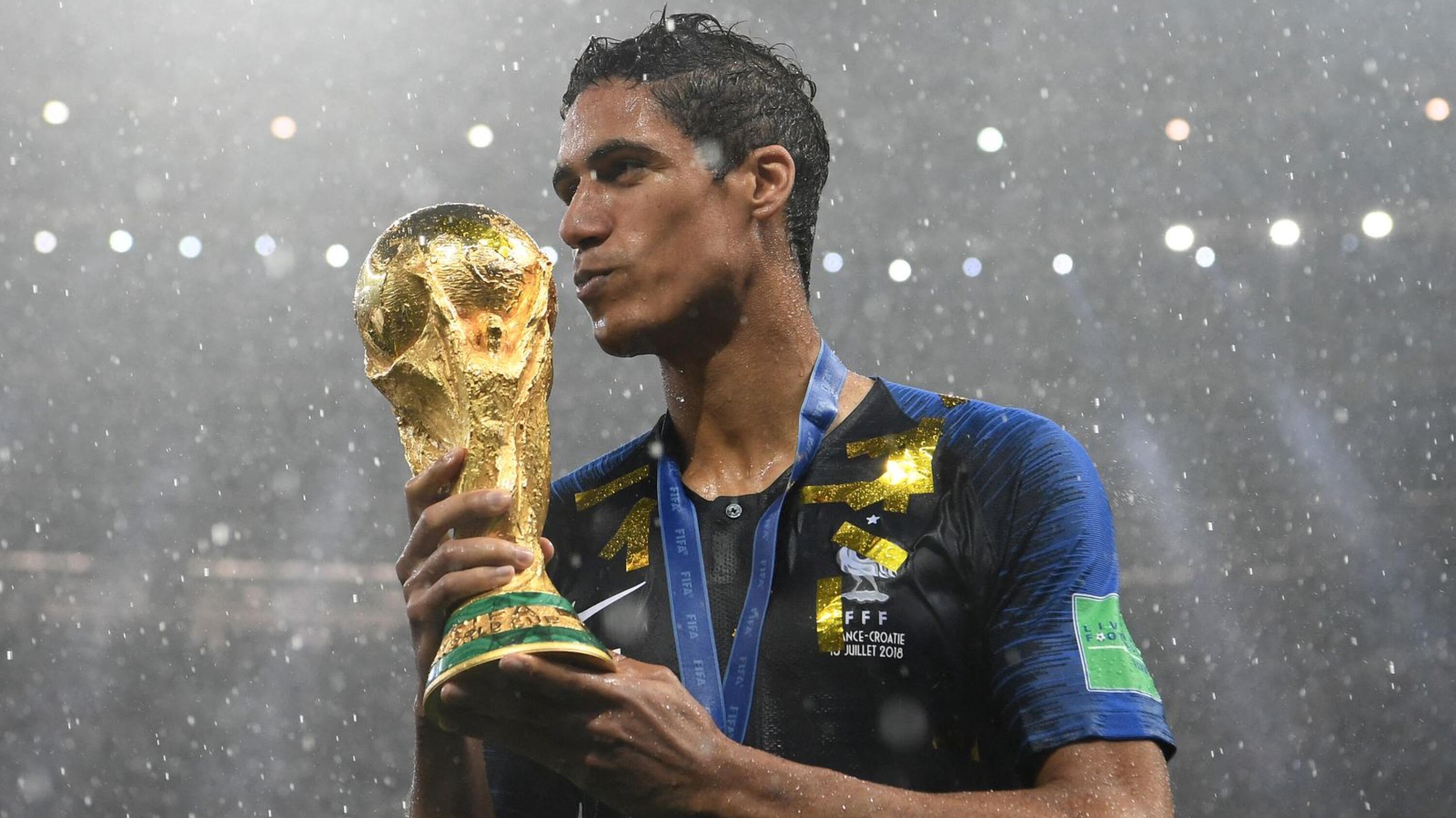 France defender Raphael Varane holds the World Cup trophy after the 2018 World Cup final football against Croatia in Moscow