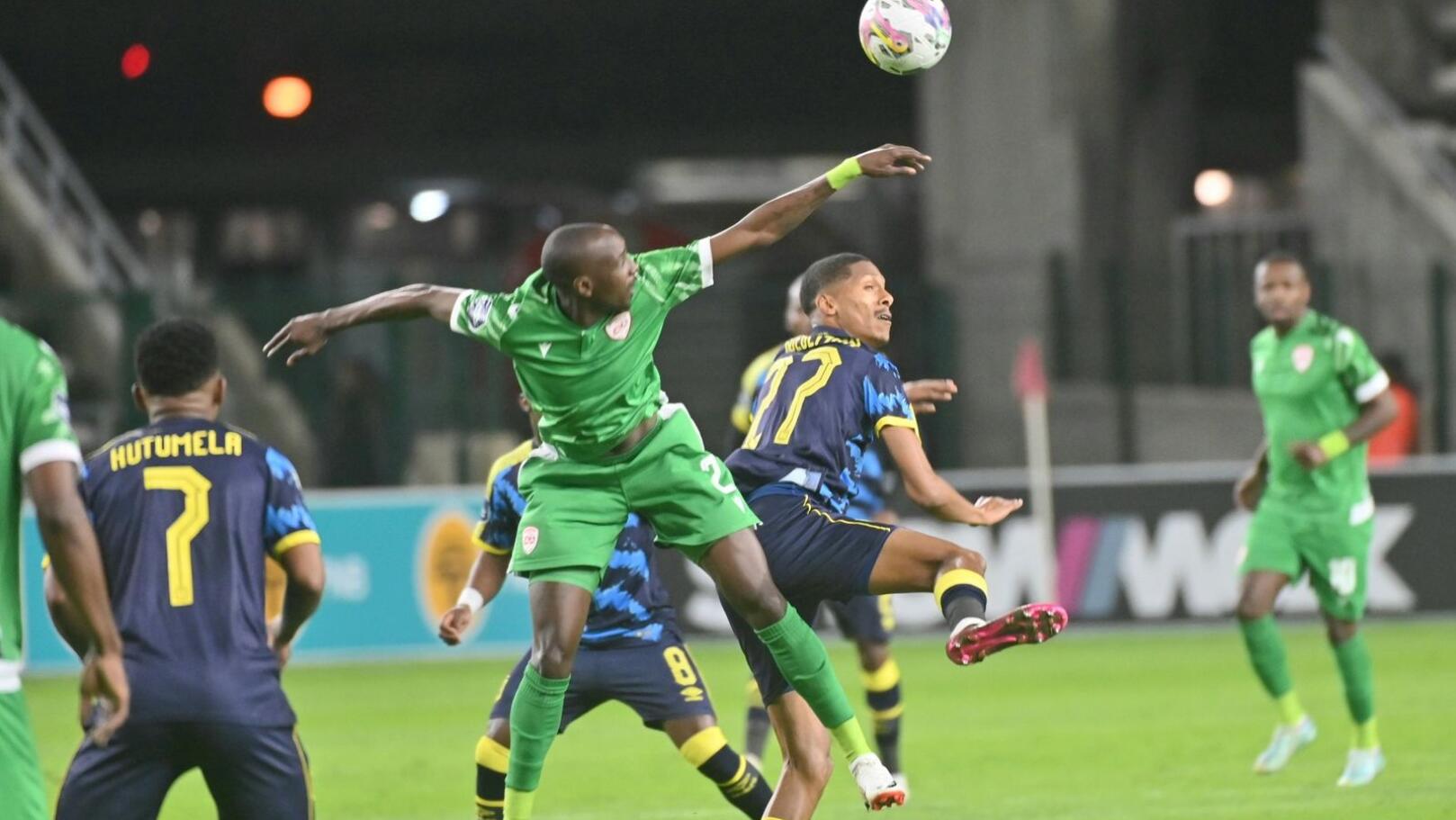 Players from Cape Town City FC and Sekhukhune United fight for the ball during their DStv Premiership clash at Athlone Stadium in Cape Town on Wednesday evening