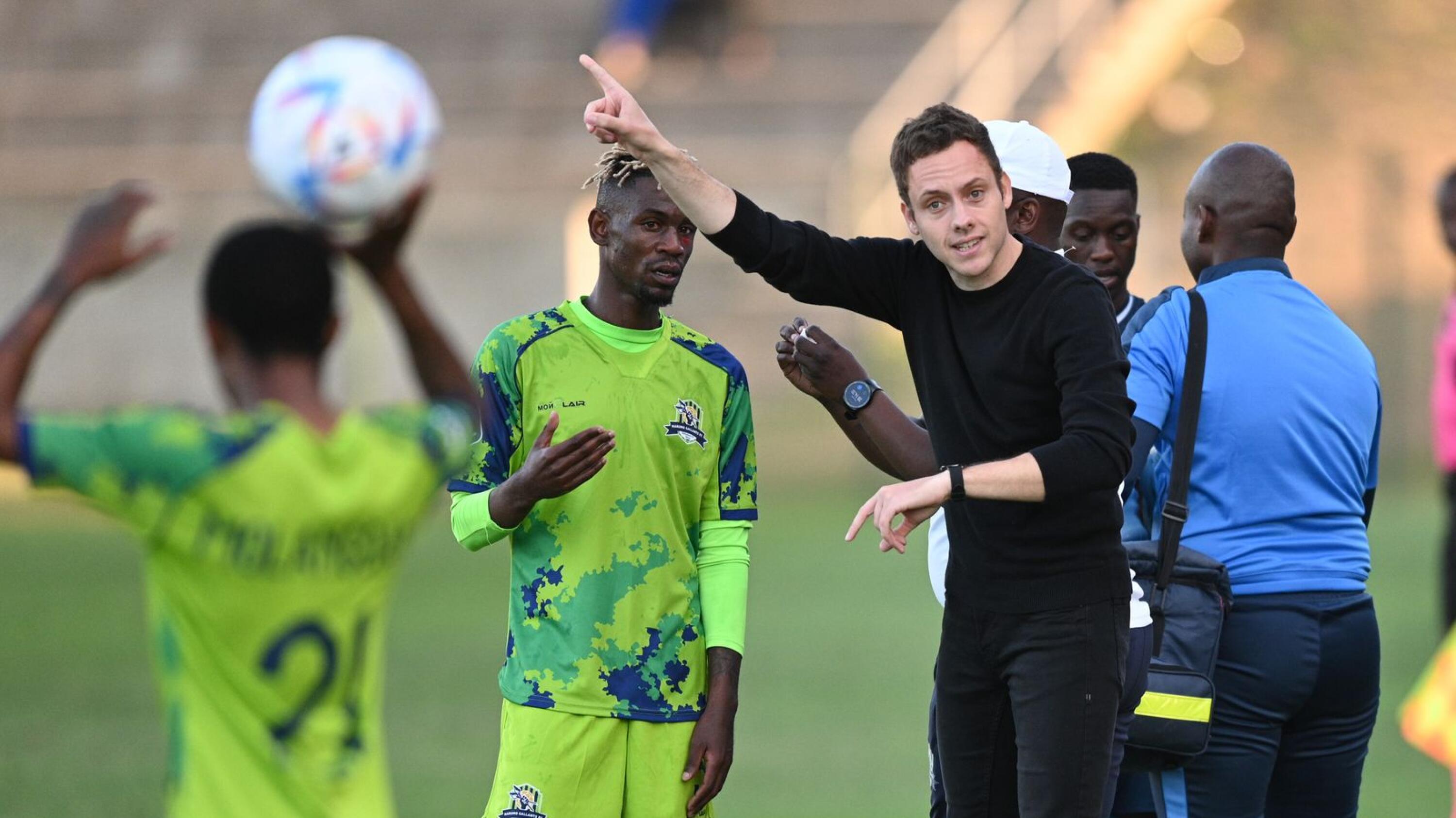 Romain Folz, head coach of Marumo Gallants FC, speaks to his players during their DStv Premiership encounter against Richards Bay at King Goodwill Zwelithini Stadium in Durban
