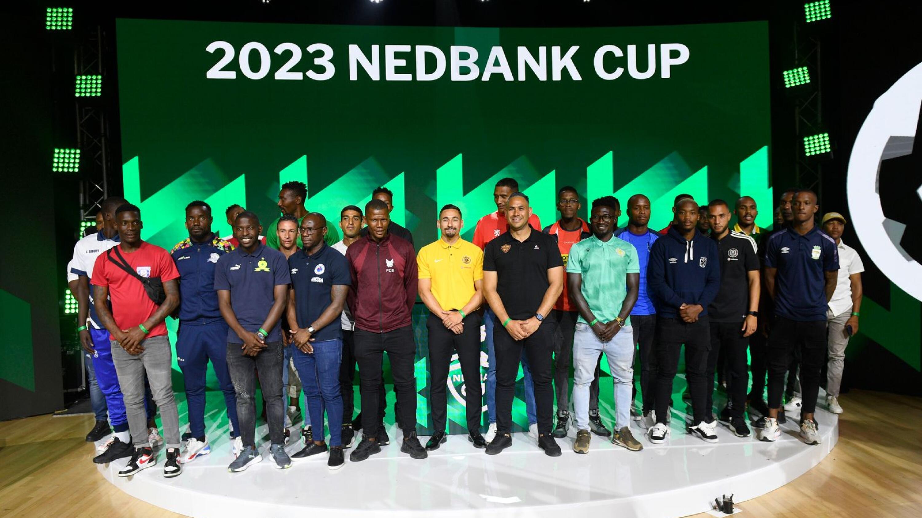 Players from the remaining 32 teams during the draw for the Nedbank Cup in Johannesburg.