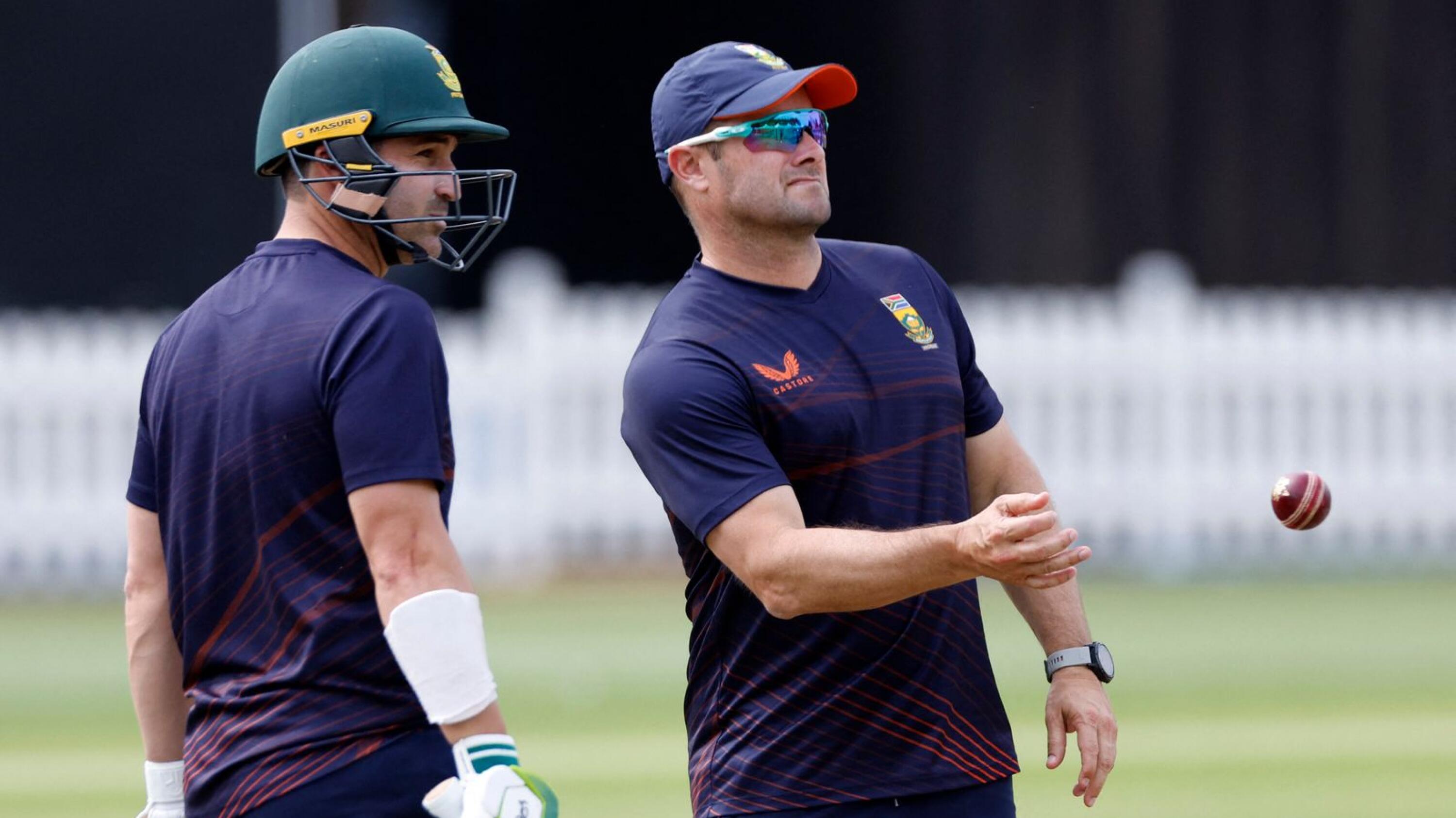 Mark Boucher and Dean Elgar during a session at the nets.