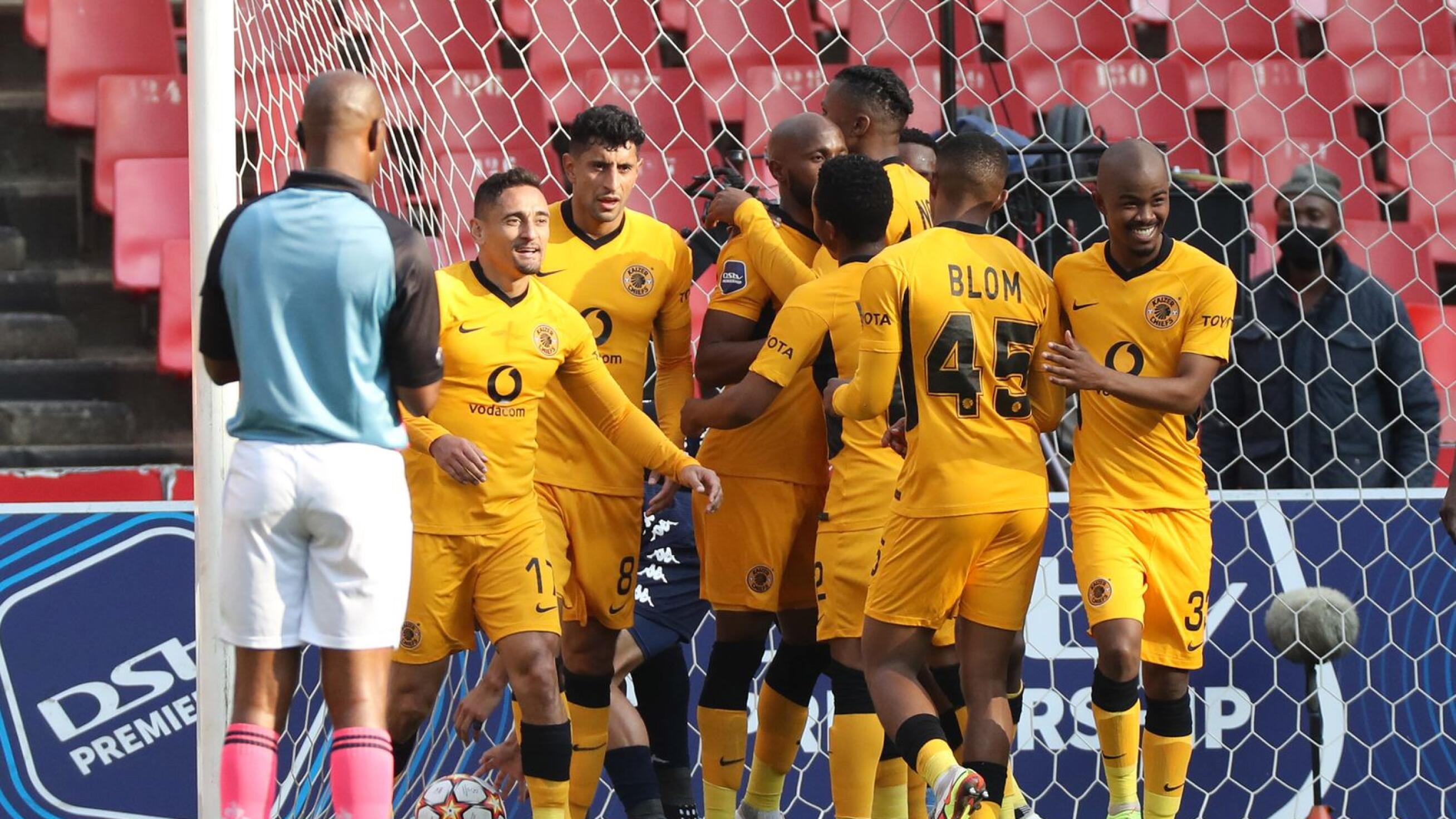 Kaizer Chiefs’ Ramahlwe Mphahlele celebrates with team-mates after scoring the only goal of the game during their DStv Premiership clash against Sekhukhune United at Ellis Park in Johannesburg on Saturday