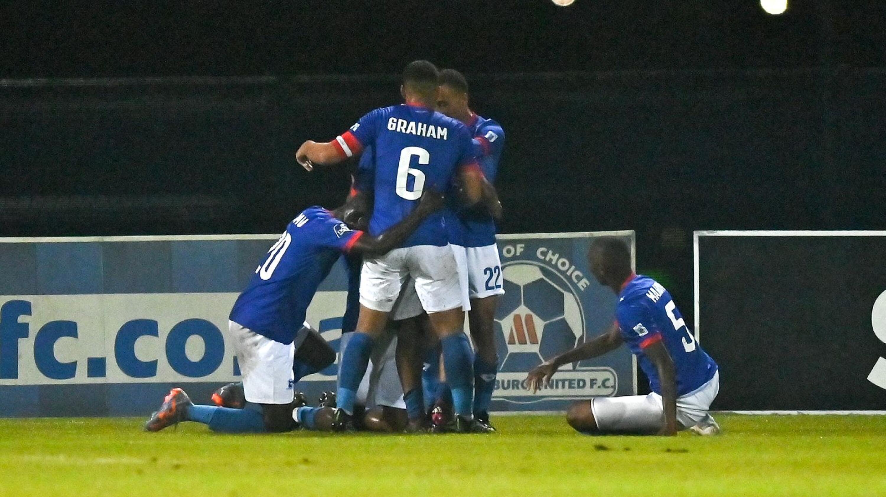 Maritzburg United players celebrate Rowan Human’s goal during their promotion/play-off game against Casric Stars at Harry Gwala Stadium in Pietermaritzburg on Wednesday