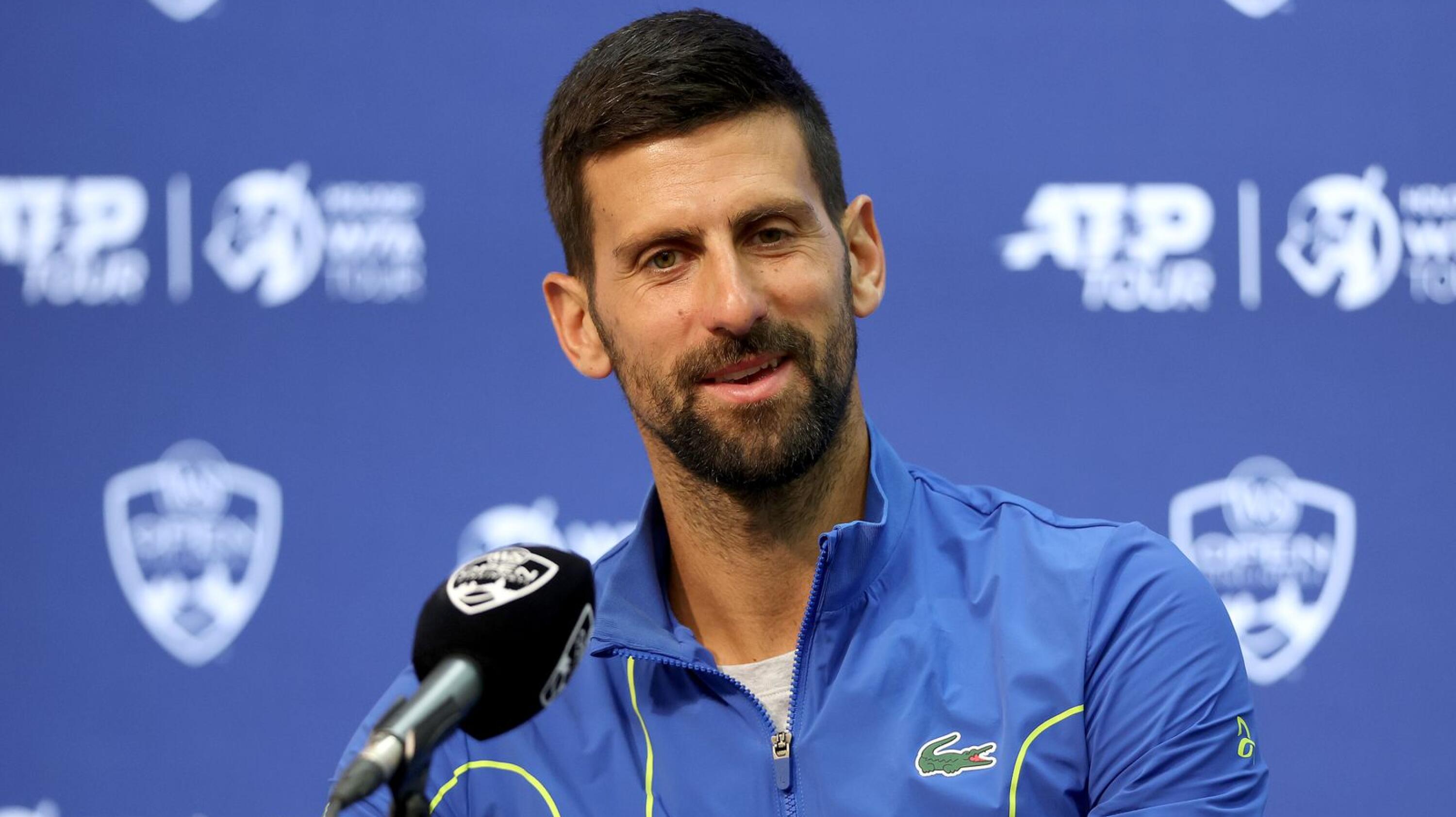 Novak Djokovic of Serbia fields questions from the media during the Western & Southern Open at Lindner Family Tennis Center on Monday