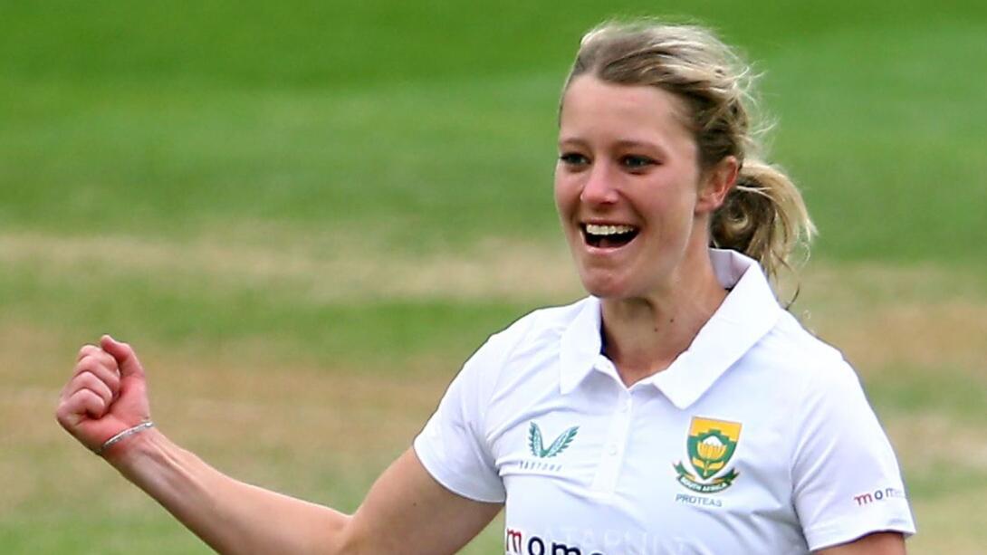Anneke Bosch of South Africa celebrates the wicket of Sophia Dunkley of England during day two of their Test match in Taunton on Tuesday