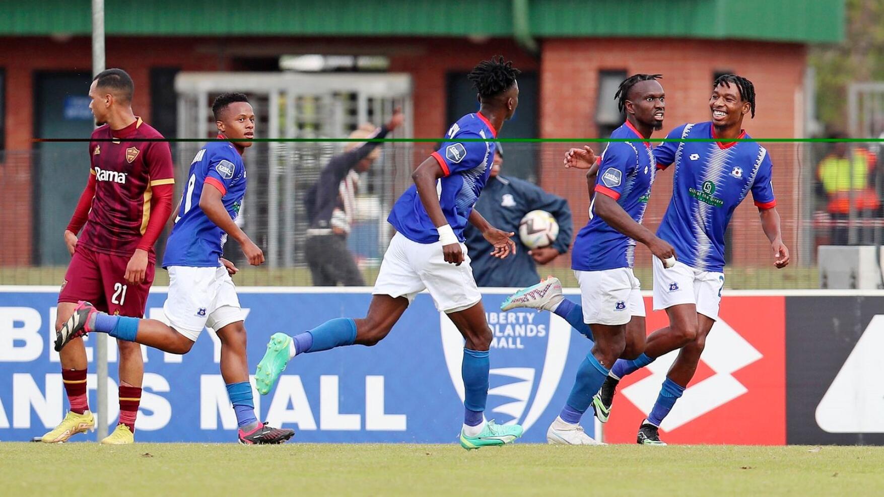 Maritzburg United’s Amadou Soukouna celebrates with teammates after scoring a goal during their DStv Premiership game against Stellenbosch FC at Harry Gwala Stadium in Petermaritzburg on Saturday