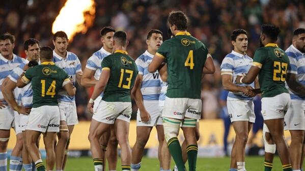 Argentina and South Africa's players shake hands at the end of their Rugby Championship Test match at Ellis Park in Johannesburg on Saturday