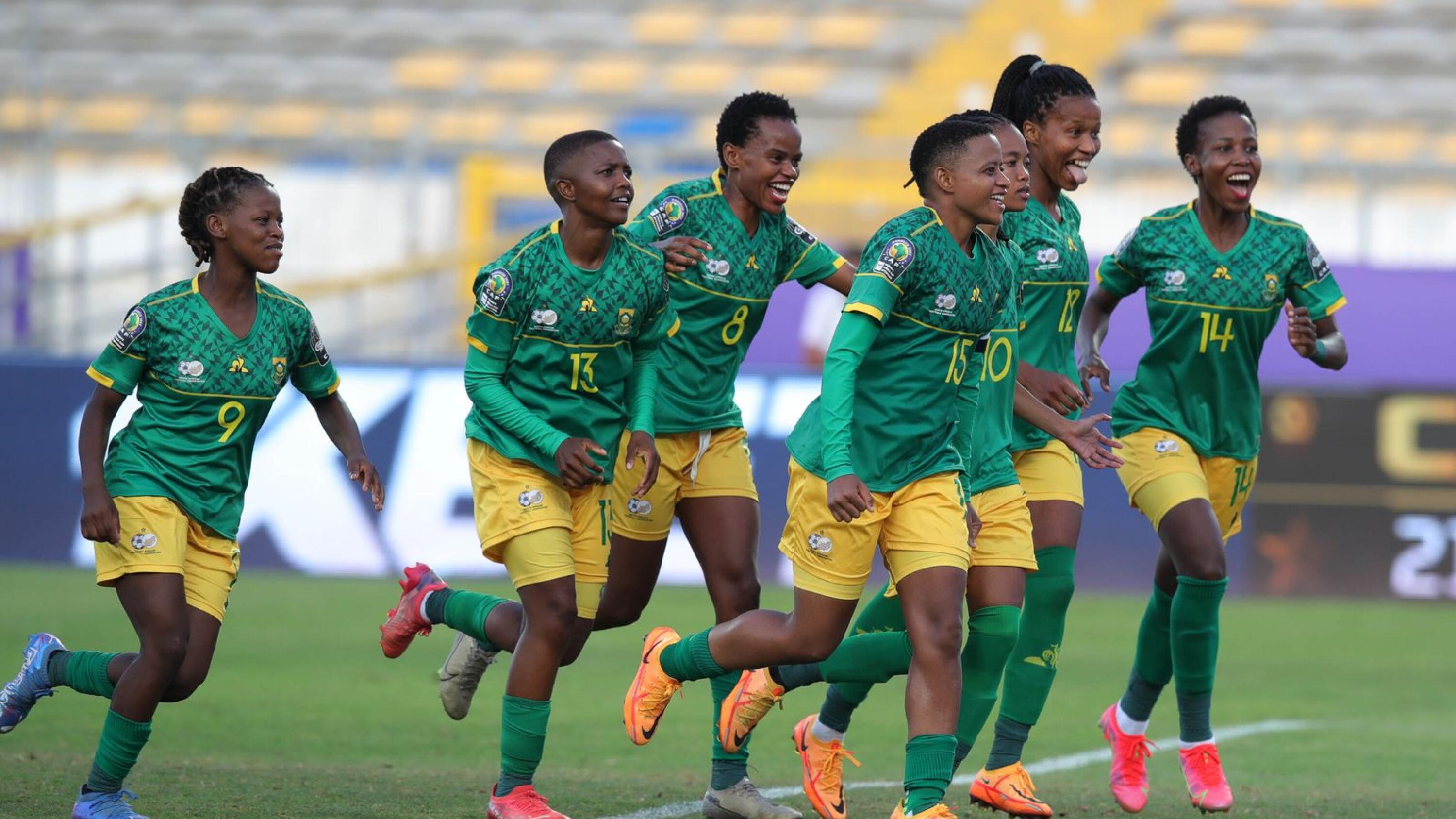 South Africa’s Linda Motlhalo celebrates with teammates after scoring a late winning goal during their Womens Africa Cup of Nations semi-final against Zambia in Casablanca on Monday
