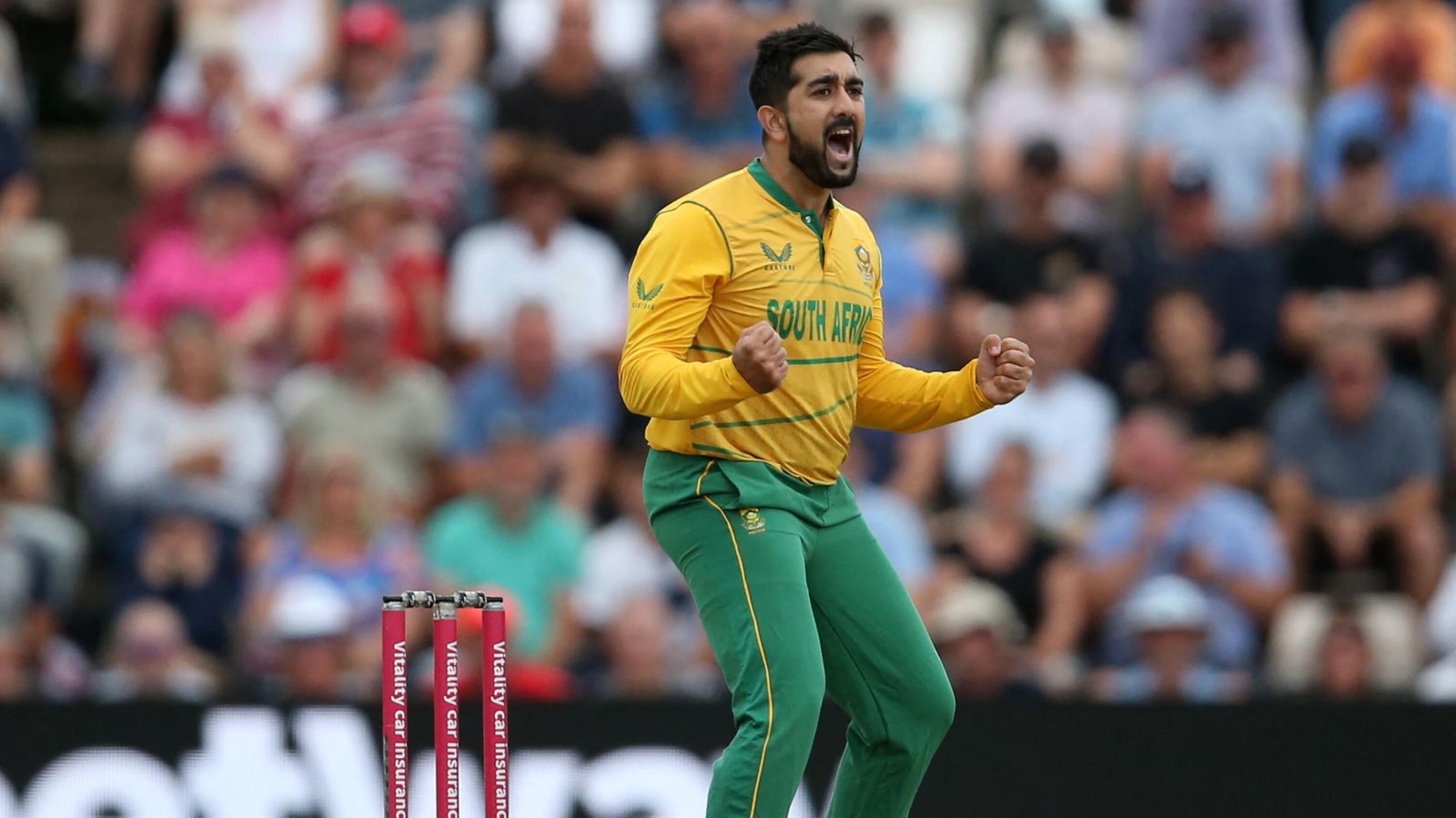 South Africa's Tabraiz Shamsi celebrates after taking a wicket during a T20 international cricket match against England