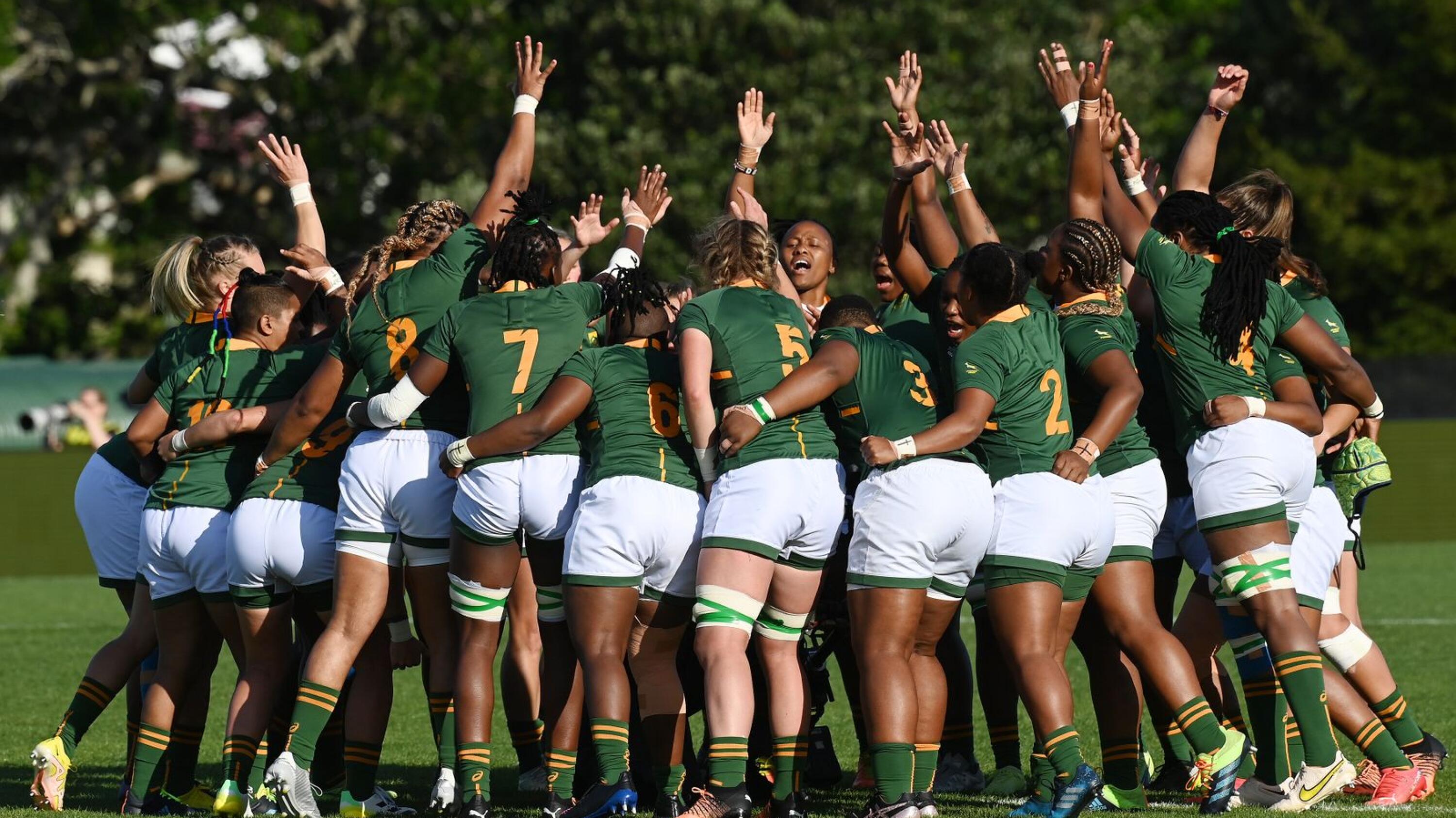 The Springbok women in a huddle before their group game against England at last year’s World Cup in New Zealand