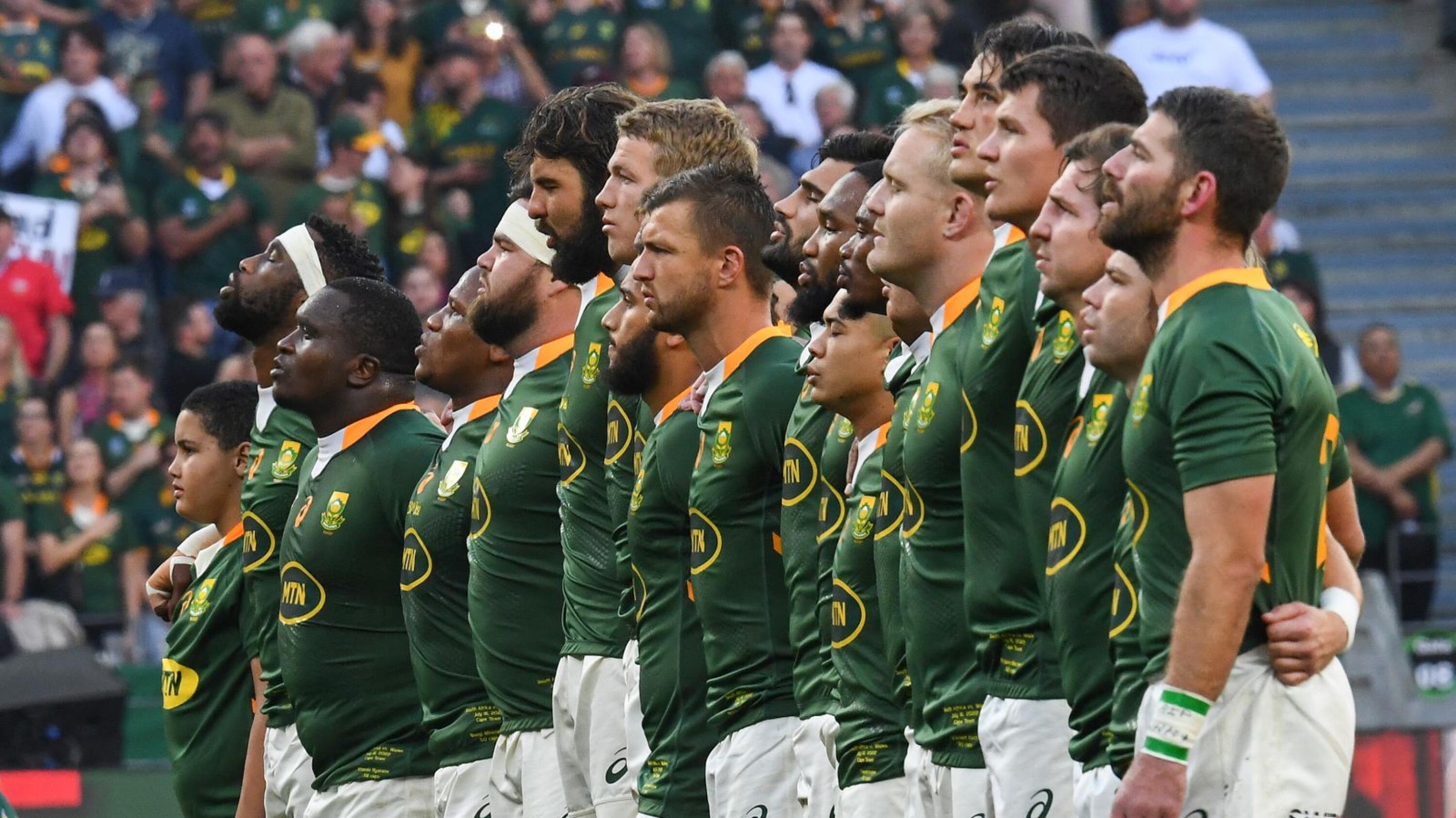 South African rugby players sing their national anthem ahead of the third Test against Wales at Cape Town Stadium in Cape Town on Saturday