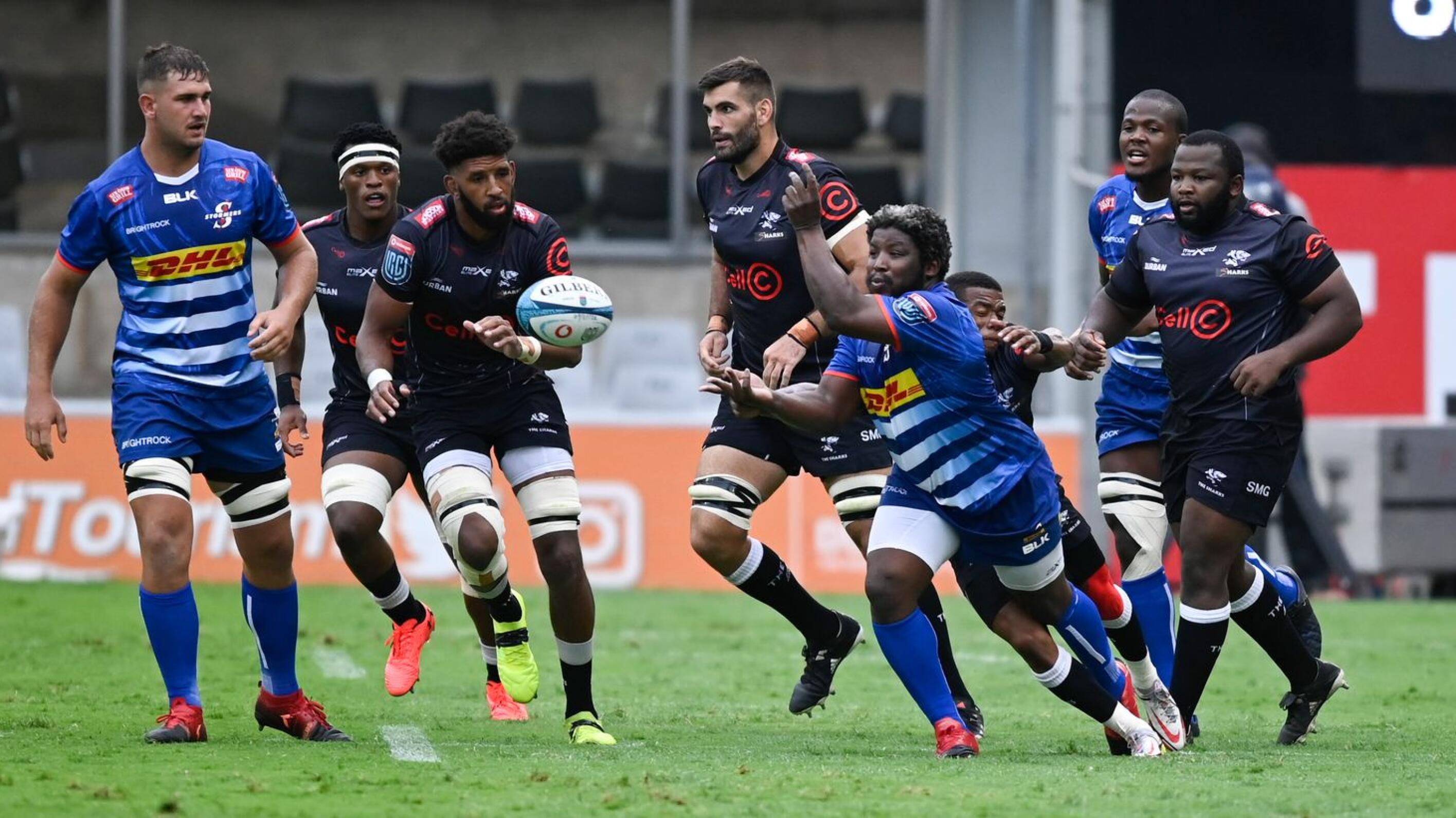 Scarra Ntubeni of the Stormers gets the ball wide during their United Rugby Championship match against the Sharks at Kings Park in Durban on Saturday