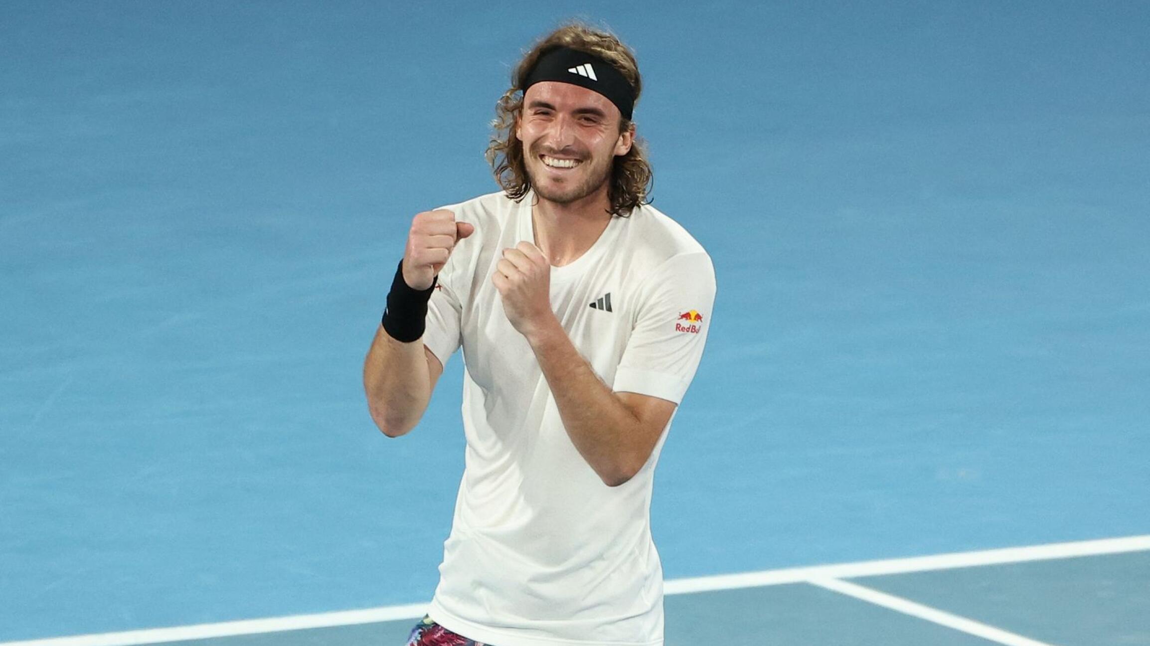 Greece's Stefanos Tsitsipas celebrates after his victory over Italy's Jannik Sinner at the Australian Open in Melbourne on Sunday. Photo: Martin Keep/AFP