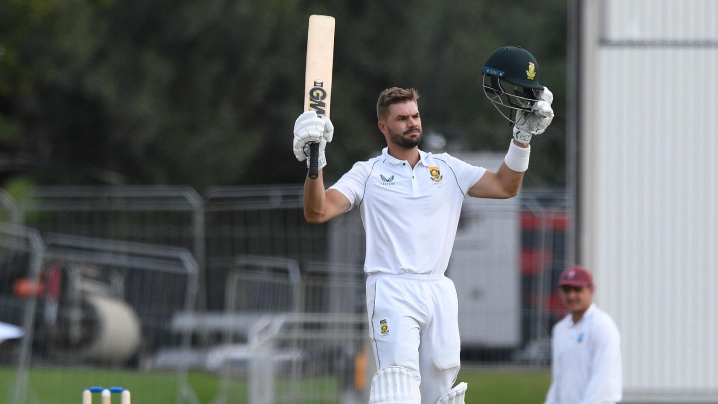 South Africa’s Aiden Markram celebrates after scoring 100 runs during day one of the first Tet against the West Indies at SuperSport Park in Centurion on Tuesday