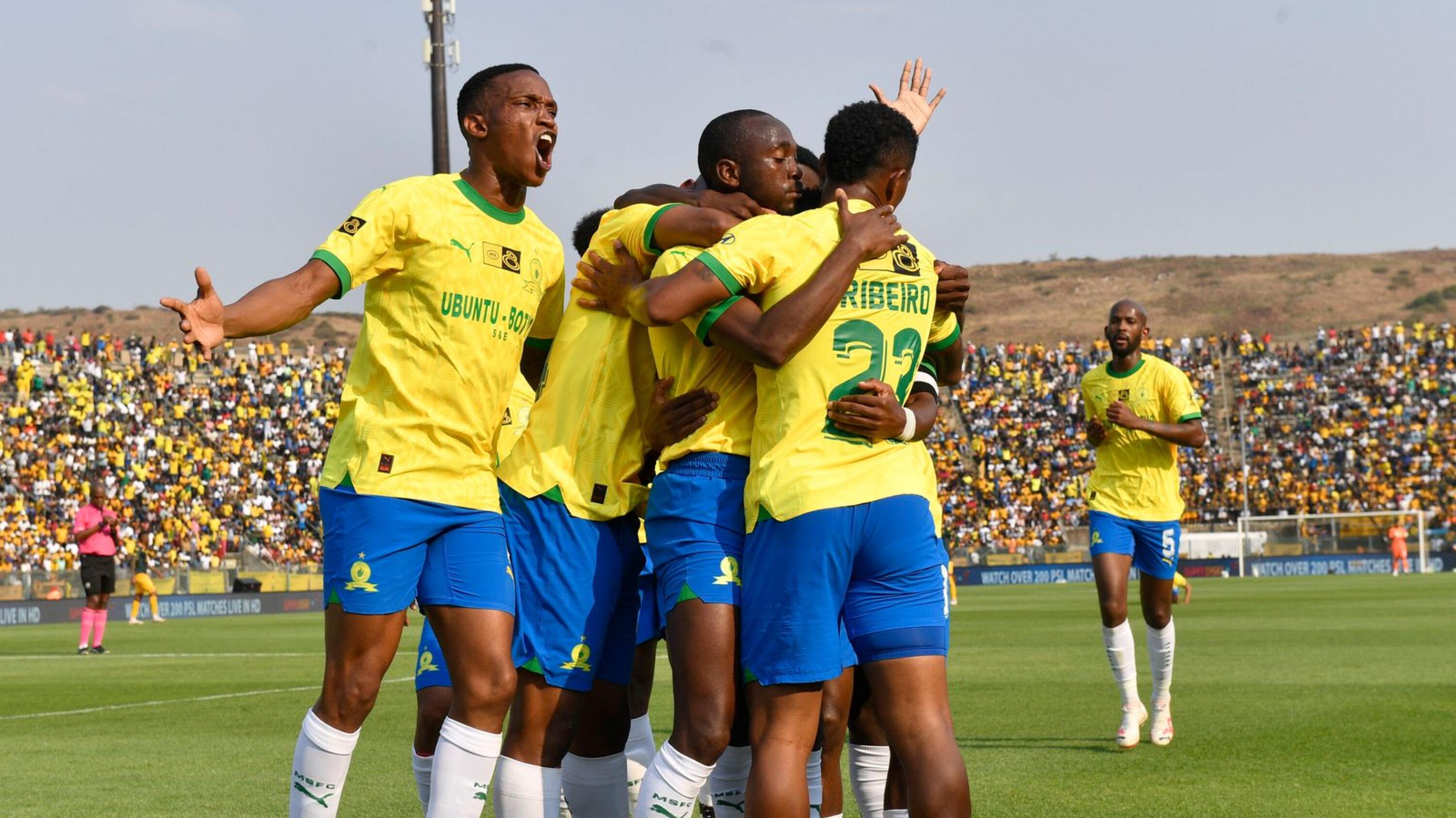 Mamelodi Sundowns’ Peter Shalulile celebrates with teammates after scoring a goal during their MTN8 semi-final second leg against Kaizer Chiefs