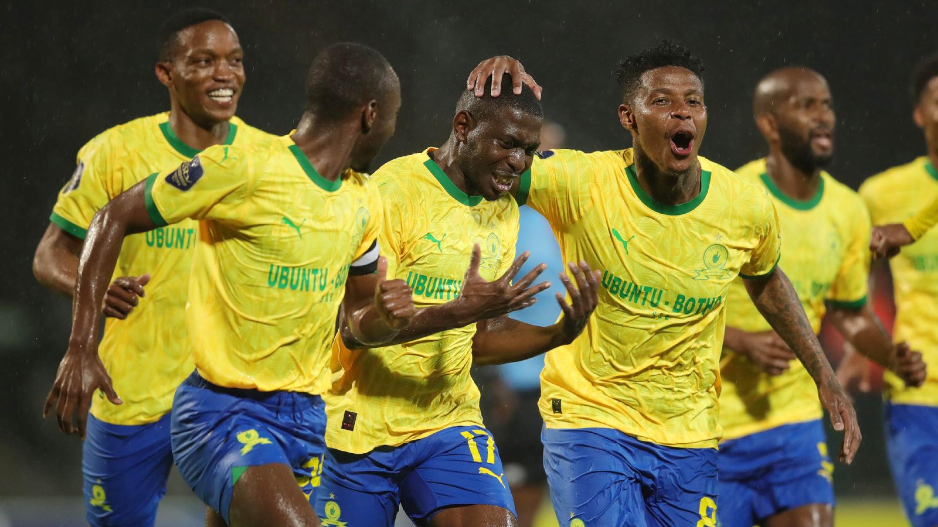 Aubrey Modiba of Mamelodi Sundowns celebrates goal with teammates after scoring 