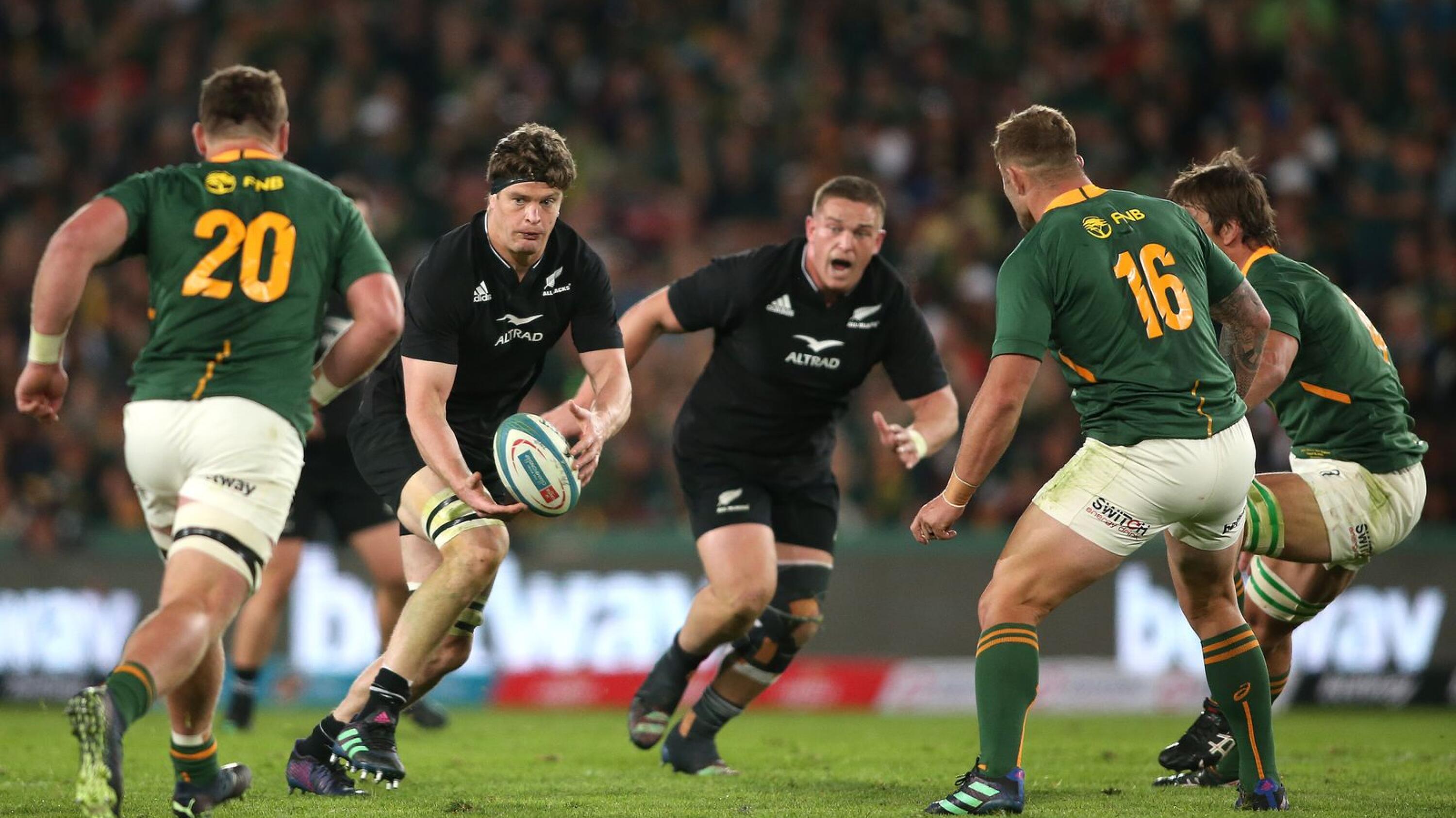 Scott Barrett of New Zealand on the attack during their Rugby Championship match against South Africa at Ellis Park in Johannesburg on Saturday