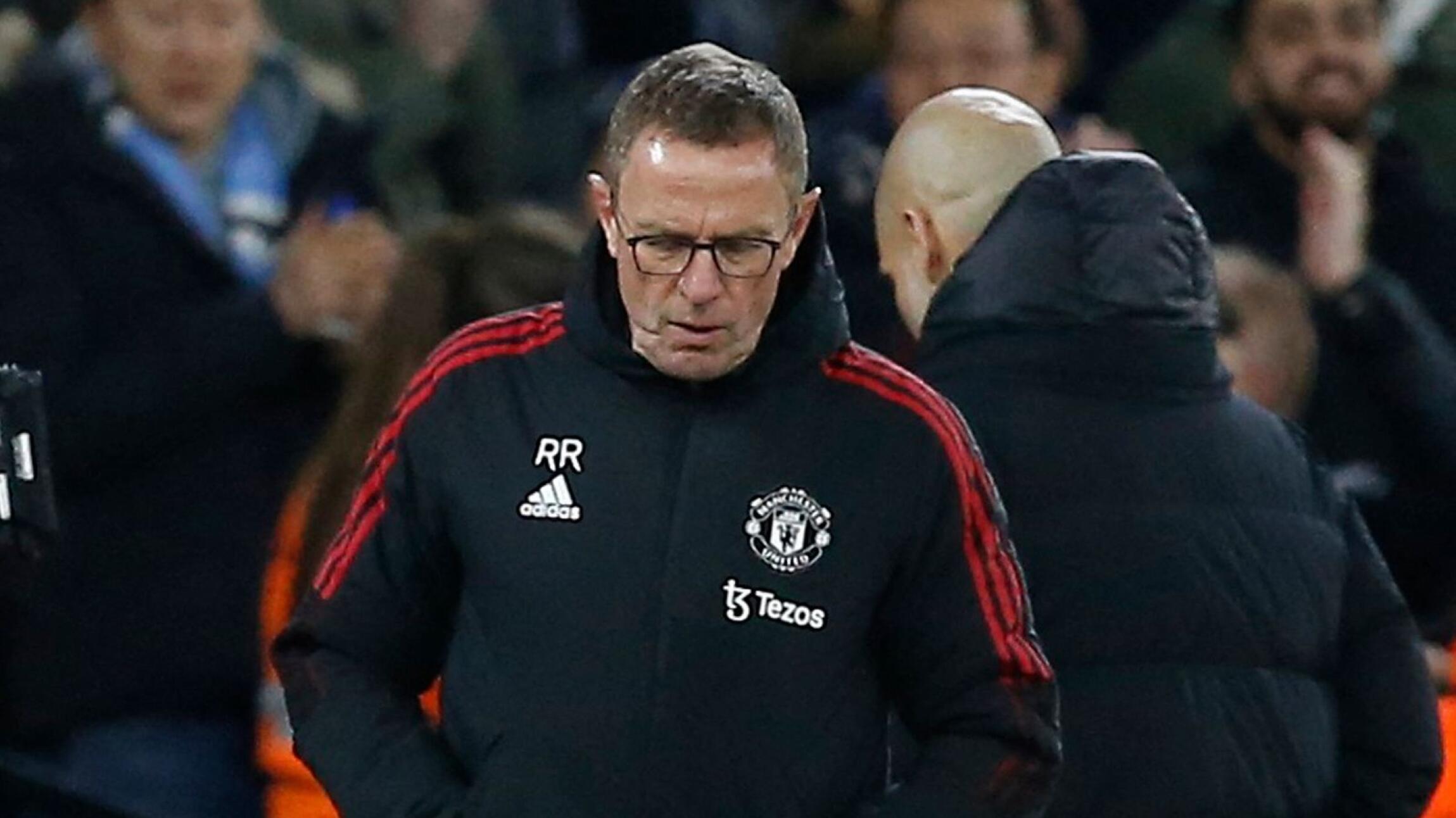 Manchester United interim manager Ralf Rangnick looks dejected after their Premier League match against Manchester City