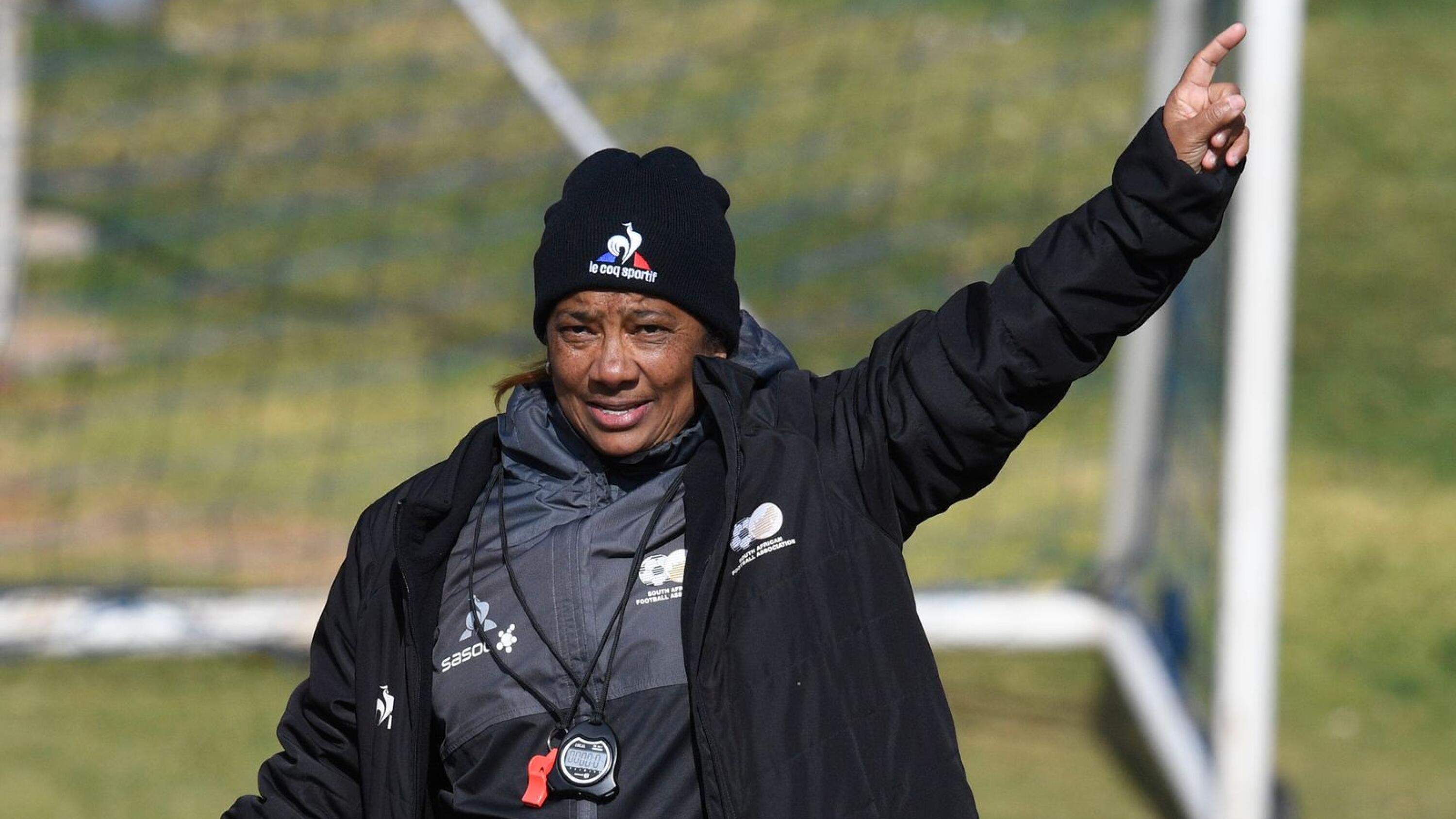 Banyana Banyana coach Desiree Ellis gives orders during a training session at Highlands Park in Johannesburg on Thursday