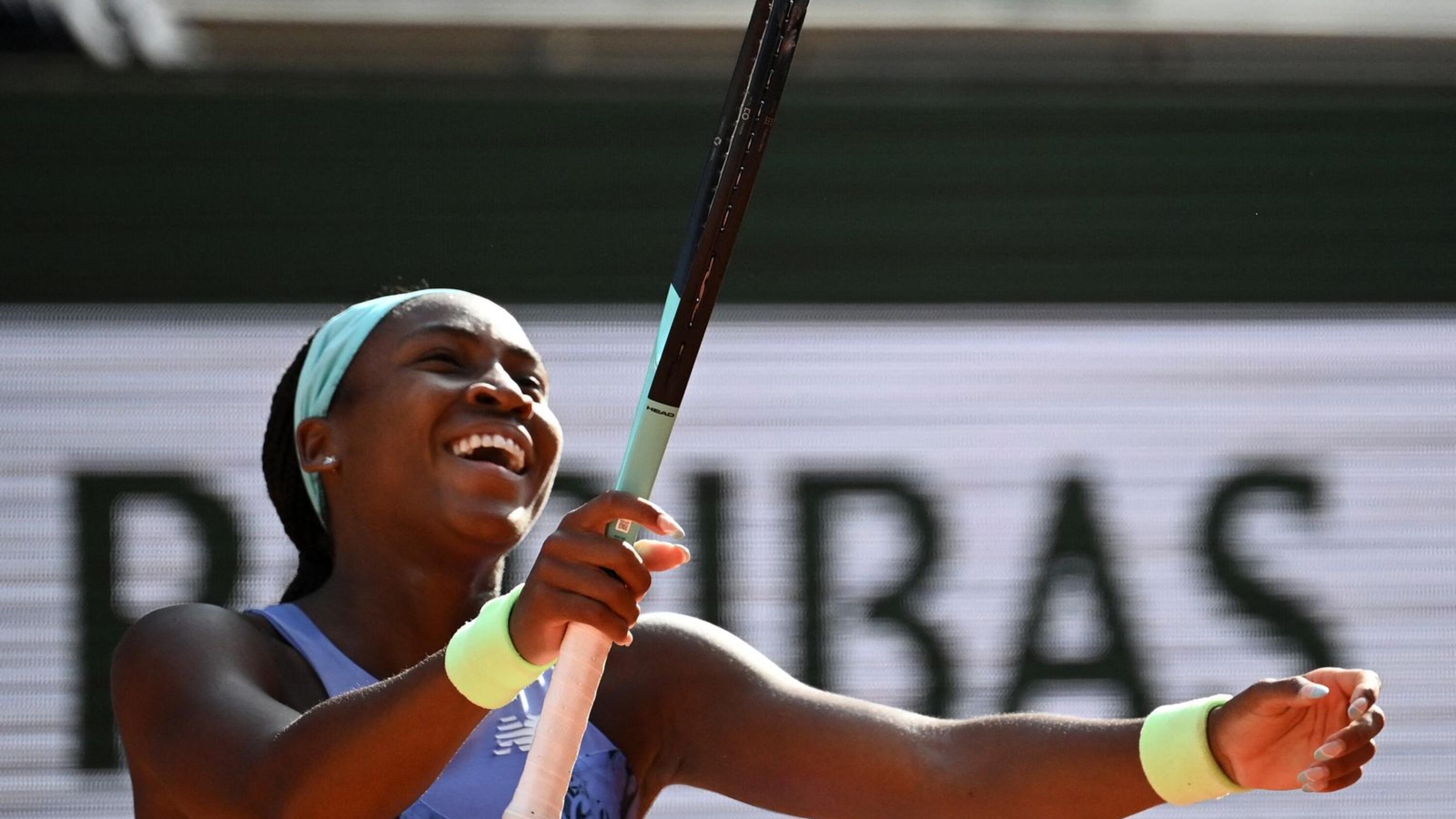 US' Coco Gauff reacts after winning against Italy's Martina Trevisan at the end of their women's semi-final singles match on day twelve of the Roland-Garros Open tennis tournament at the Court Philippe-Chatrier in Paris on Thursday