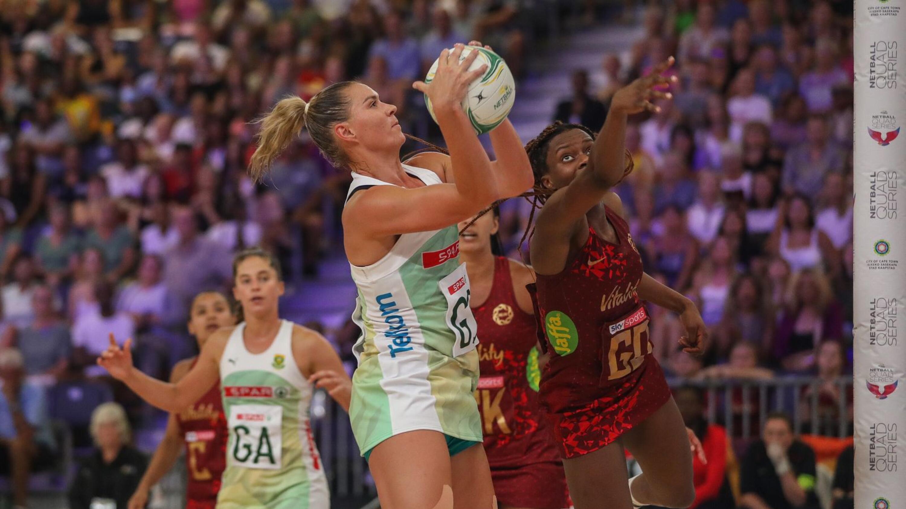 South Africa in action during their Quad Series netball match against England