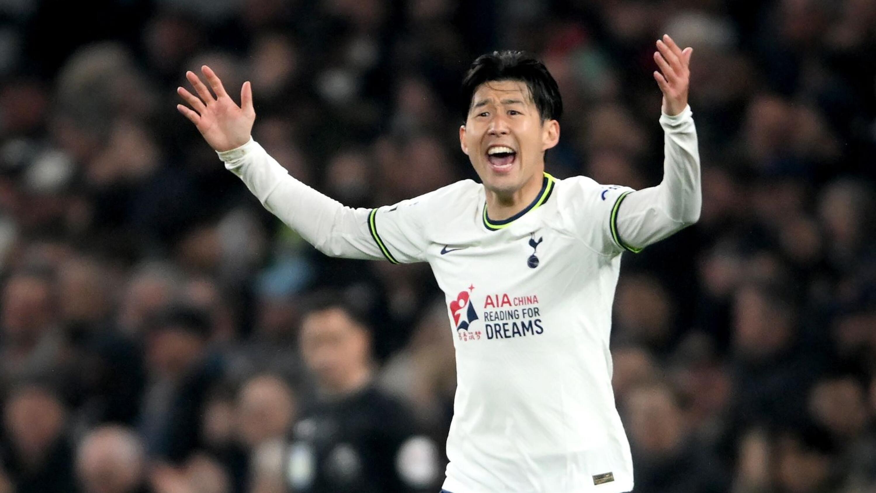 Heung-min of Tottenham celebrates after scoring in the 2-2 draw during the English Premier League match between Tottenham Hotspur and Manchester United in London