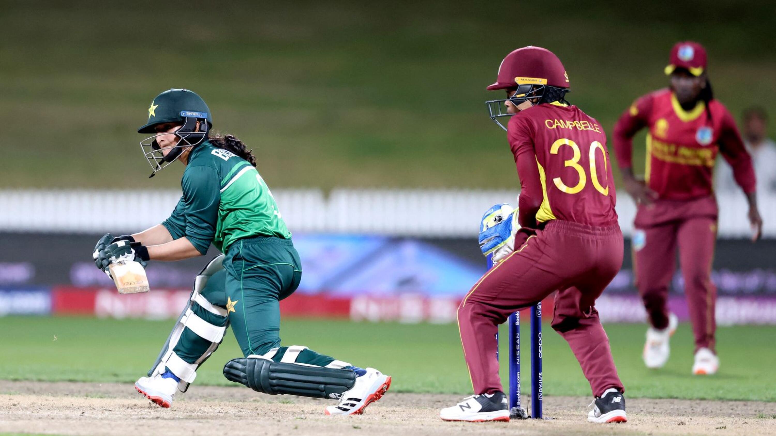 Pakistan's Bismah Maroof plays a shot during their Women's Cricket World Cup match against West Indies at Seddon Park in Hamilton on Monday
