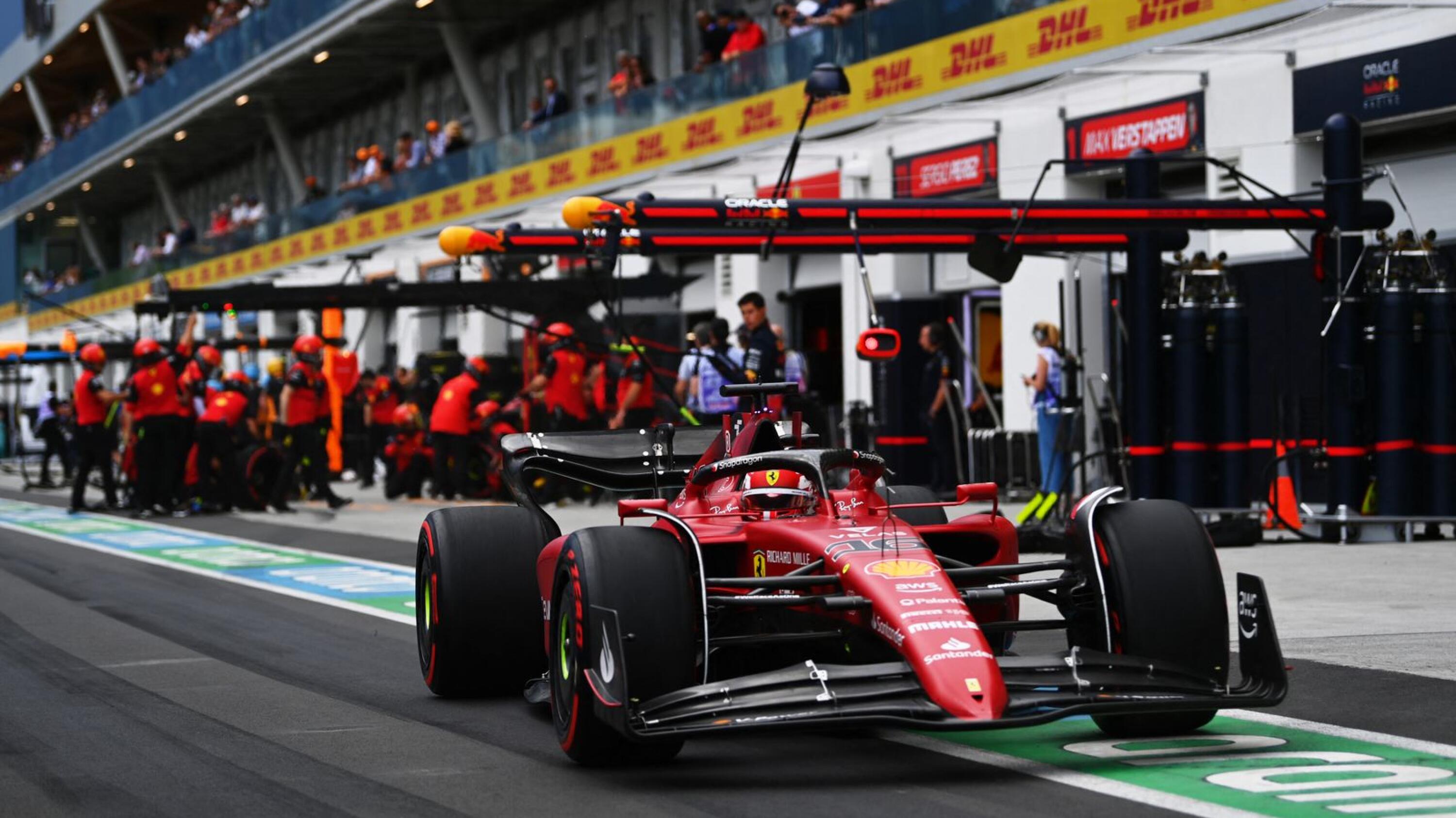 Charles Leclerc of Monaco driving the (16) Ferrari F1-75 in the Pitlane during practice ahead of the F1 Grand Prix of Canada at Circuit Gilles Villeneuve in Montreal, Quebec on Friday