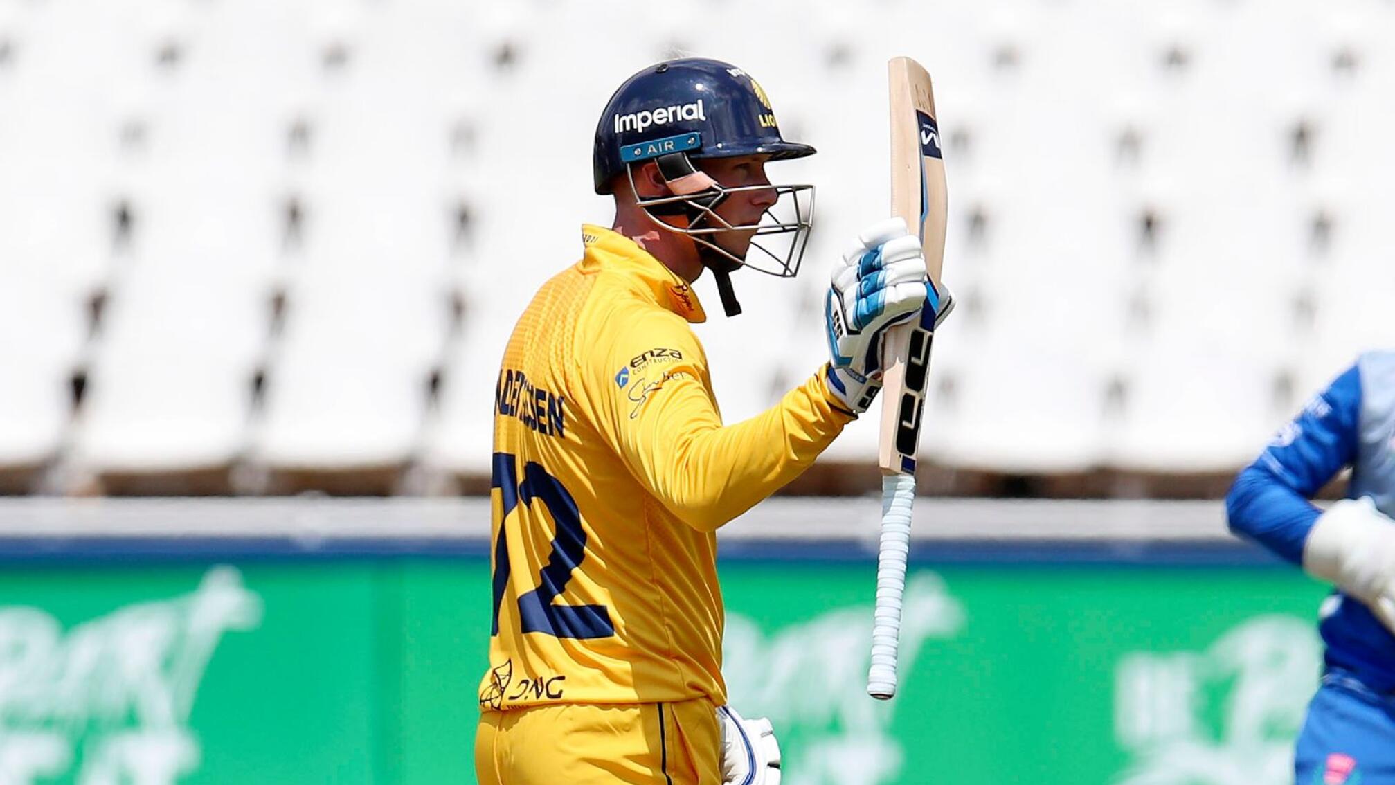 Rassie van deer Dussen of the Lions celebrates his half century during their CSA One Day Cup match against Western Province at The Wanderers in Johannesburg on Sunday
