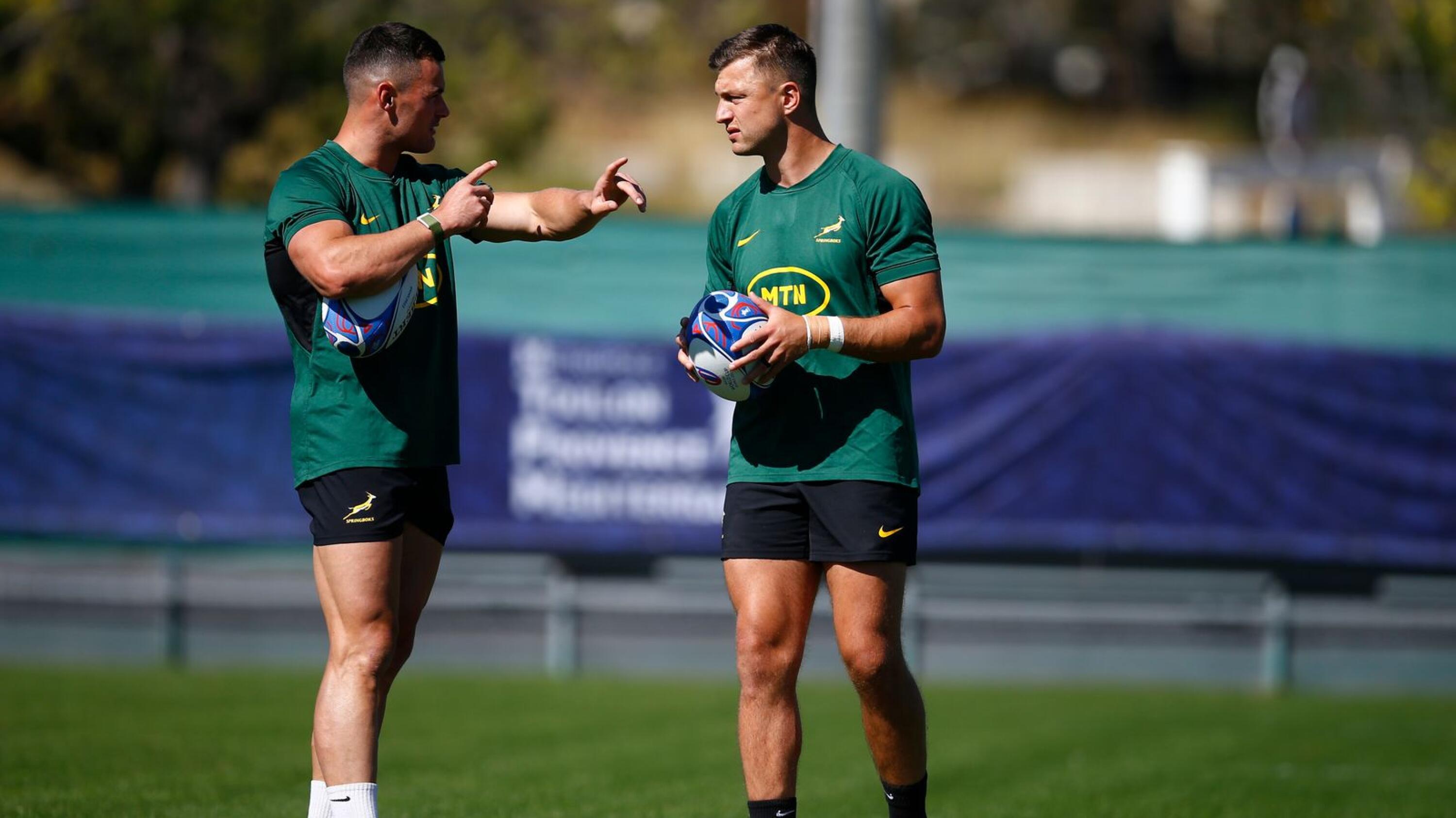 Jesse Kriel (L) of South Africa with Handre Pollard of South Africa during the Rugby World Cup.