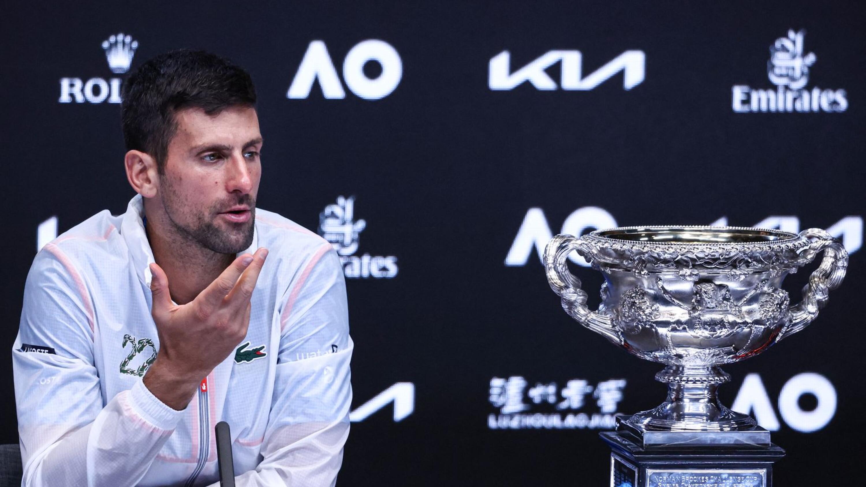 Serbia's Novak Djokovic gives a press conference after winning the men's singles final match against Greece's Stefanos Tsitsipas on day fourteen of the Australian Open tennis tournament in Melbourne on Sunday