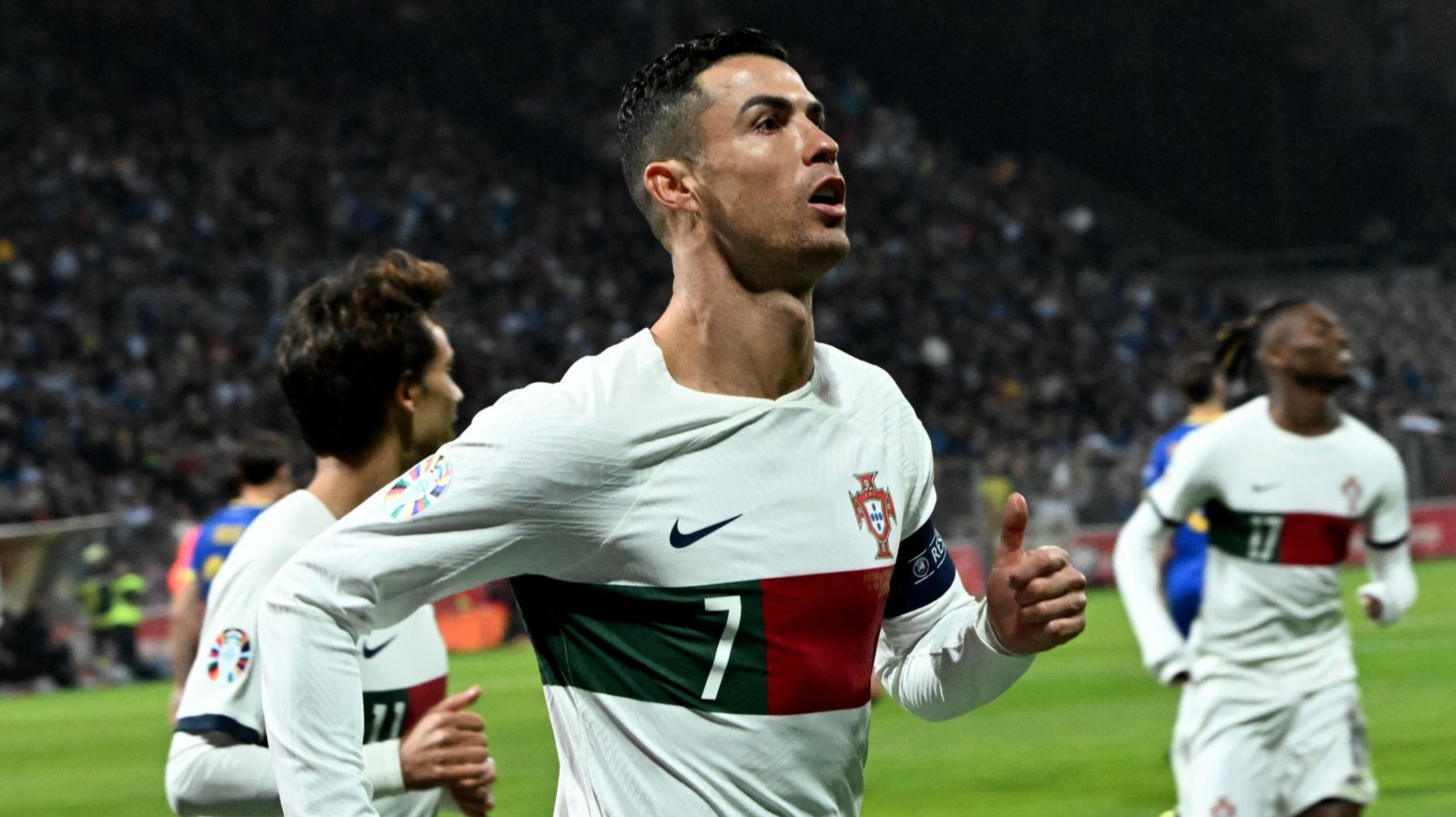 Portugal's forward #07 Cristiano Ronaldo celebrates scoring the team's first goal during the UEFA Euro 2024 Group J qualification football match 