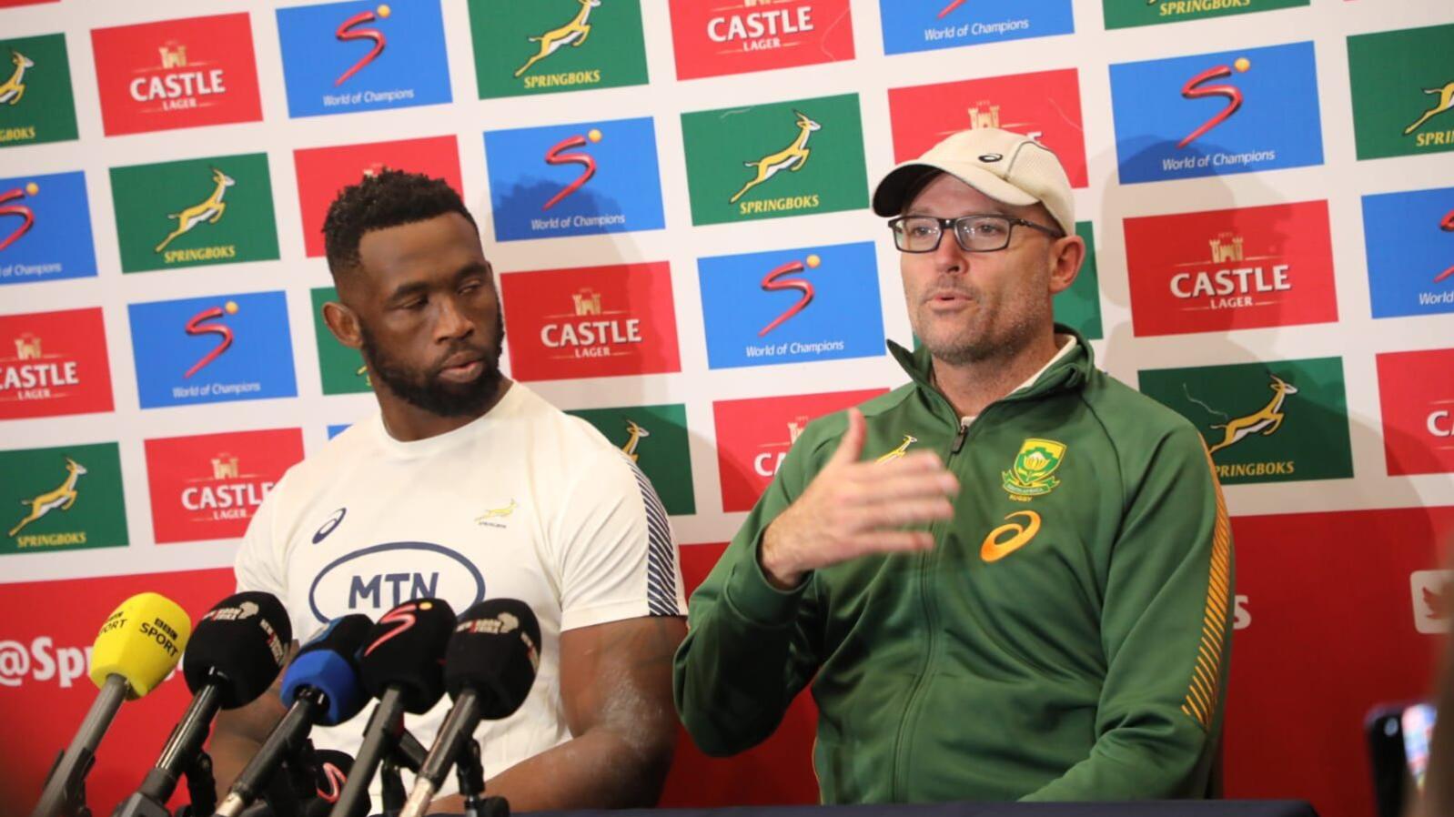 Springbok coach Jacques Nienaber and captain Siya Kolisi speak to the press after their Test match against Wales at Loftus Versfeld in Tshwane on Saturday