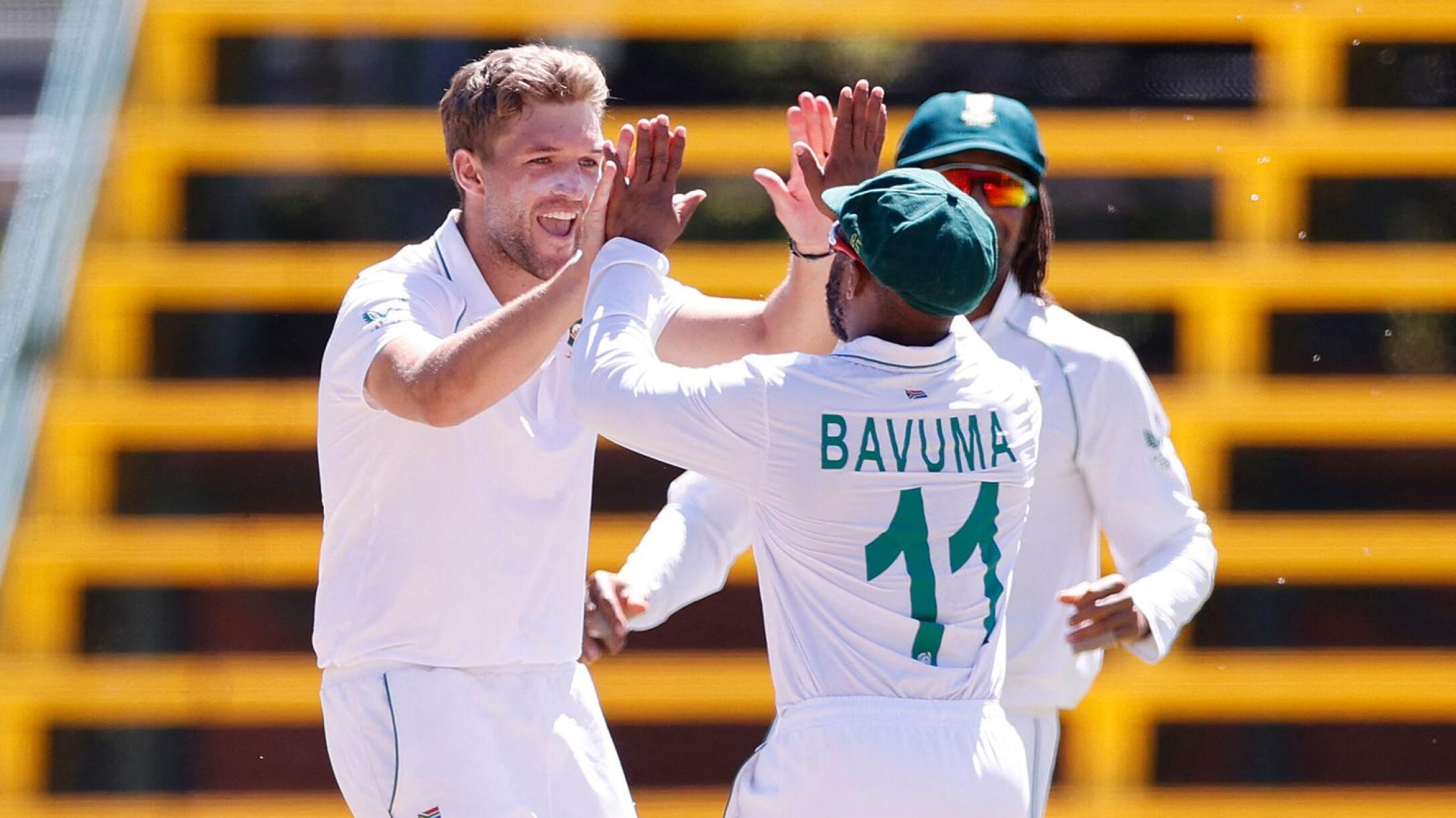 South Africa's Temba Bavuma celebrates with Wiaan Mulder after running out Tagenarine Chanderpaul (not seen) of the West Indies during the second day of the second Test at The Wanderers in Johannesburg on Thursday