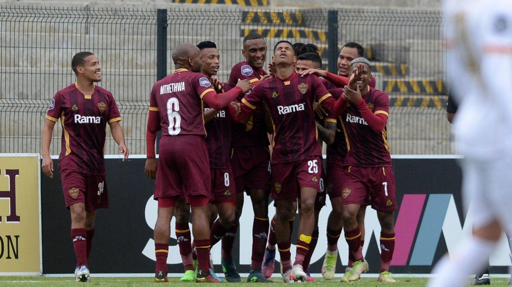 Stellenbosch FC players celebrate a goal scored by Oshwin Andries during their DStv Premiership game against Royal AM at Danie Craven Stadium in Stellenbosch on Saturday