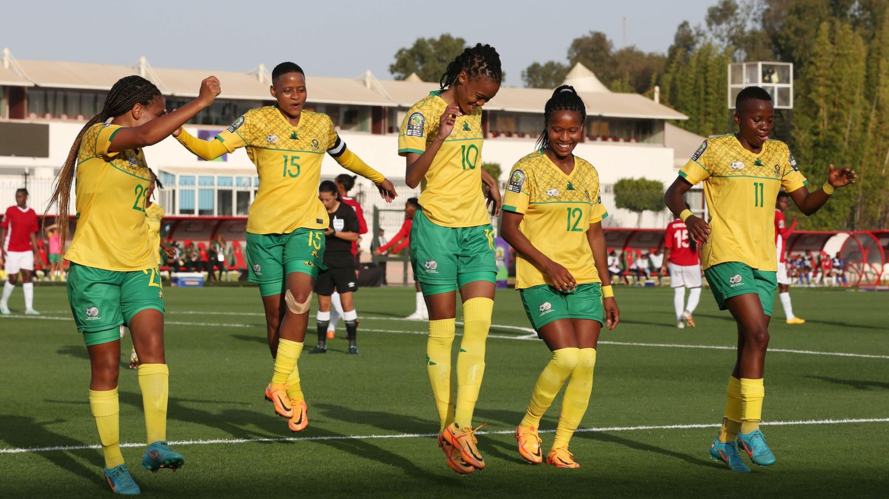 Banyana’s Linda Maserame Motlhalo celebrates with teammates after scoring their third goal during their 2022 Womens Africa Cup of Nations match against Burundi at Stade Prince Moulay Al Hassan, Rabat on Thursday