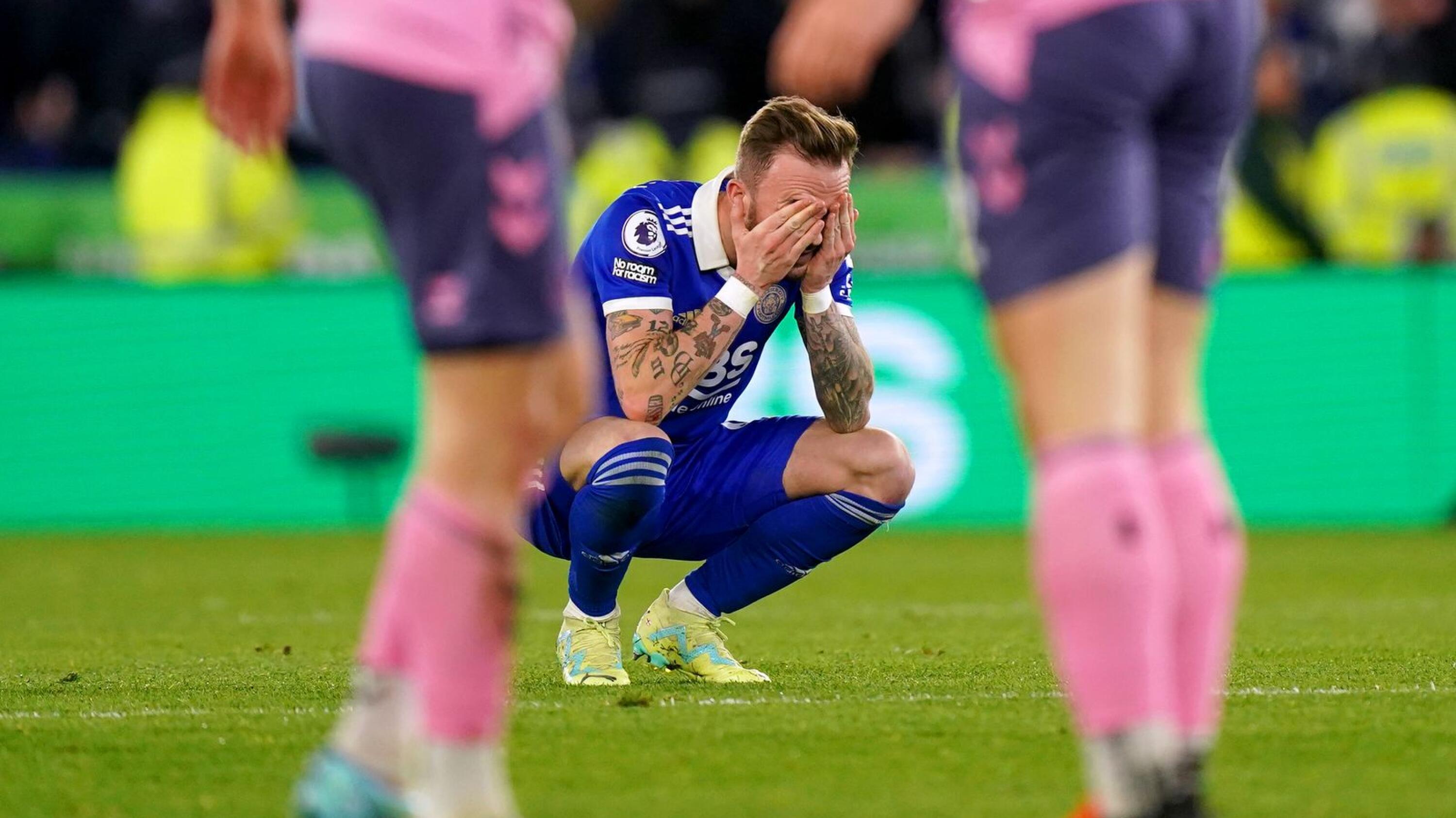 Leicester City's James Maddison appears dejected at the end of the Premier League match against Everton at the King Power Stadium