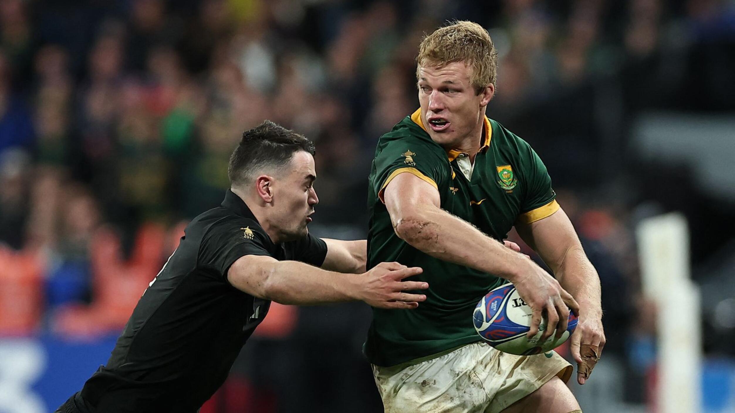 South Africa's Pieter-Steph du Toid carries the ball during Saturday’s Rugby World Cup final against New Zealand at Stade de France in Paris