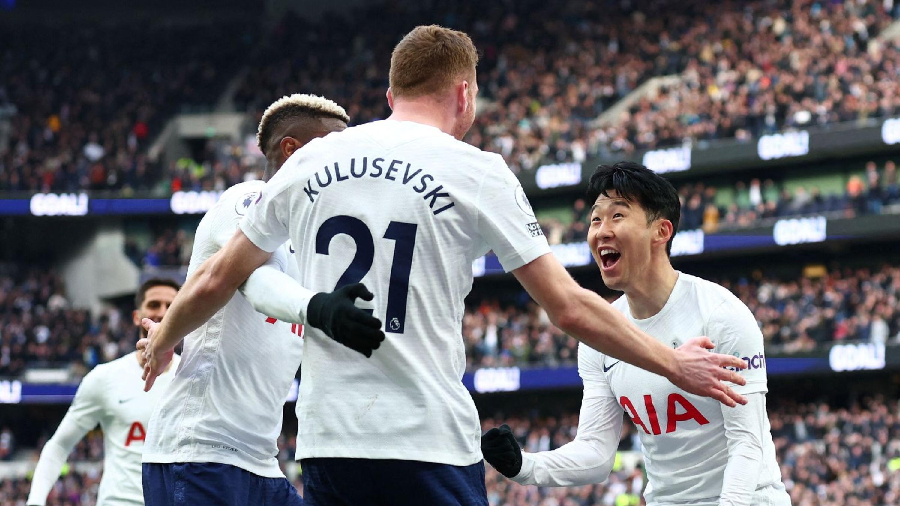 Tottenham Hotspur's Son Heung-min celebrates with teammates after scoring their third goal during their Premier League game against Newcastle United at the Tottenham Hotspur Stadium in London on Saturday