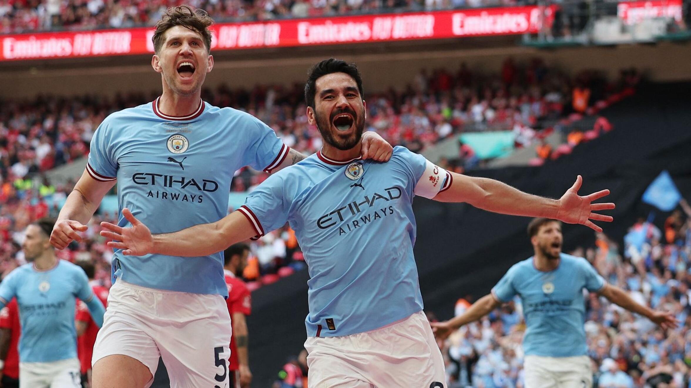 Manchester City's Ilkay Gundogan celebrates after scoring the second goal during their FA Cup final against Manchester United at Wembley Stadium in London on Saturday