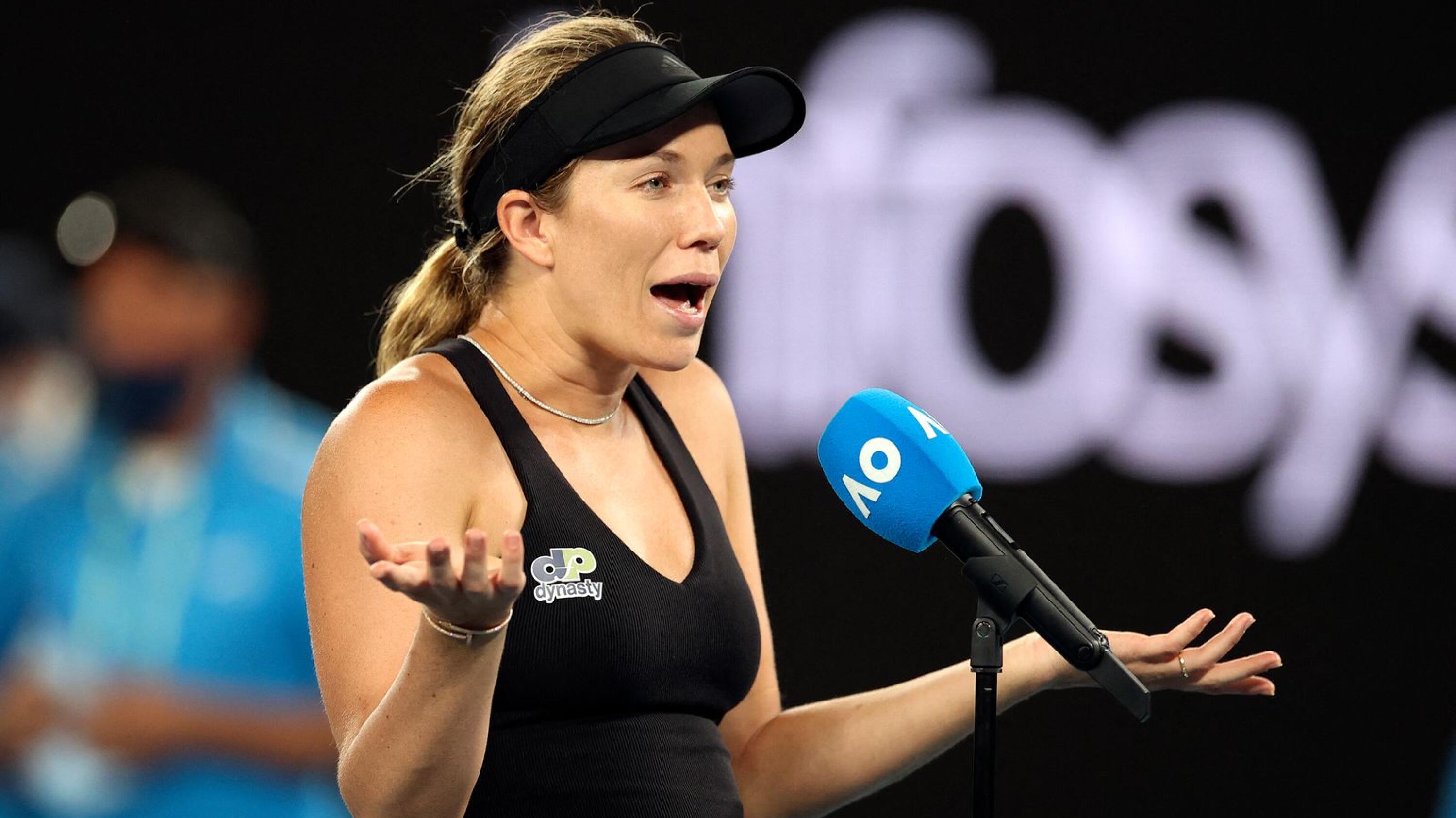 Danielle Collins of the US speaks after winning her women's singles semi-final match against Poland's Iga Swiatek on day eleven of the Australian Open tennis tournament in Melbourne on Thursday
