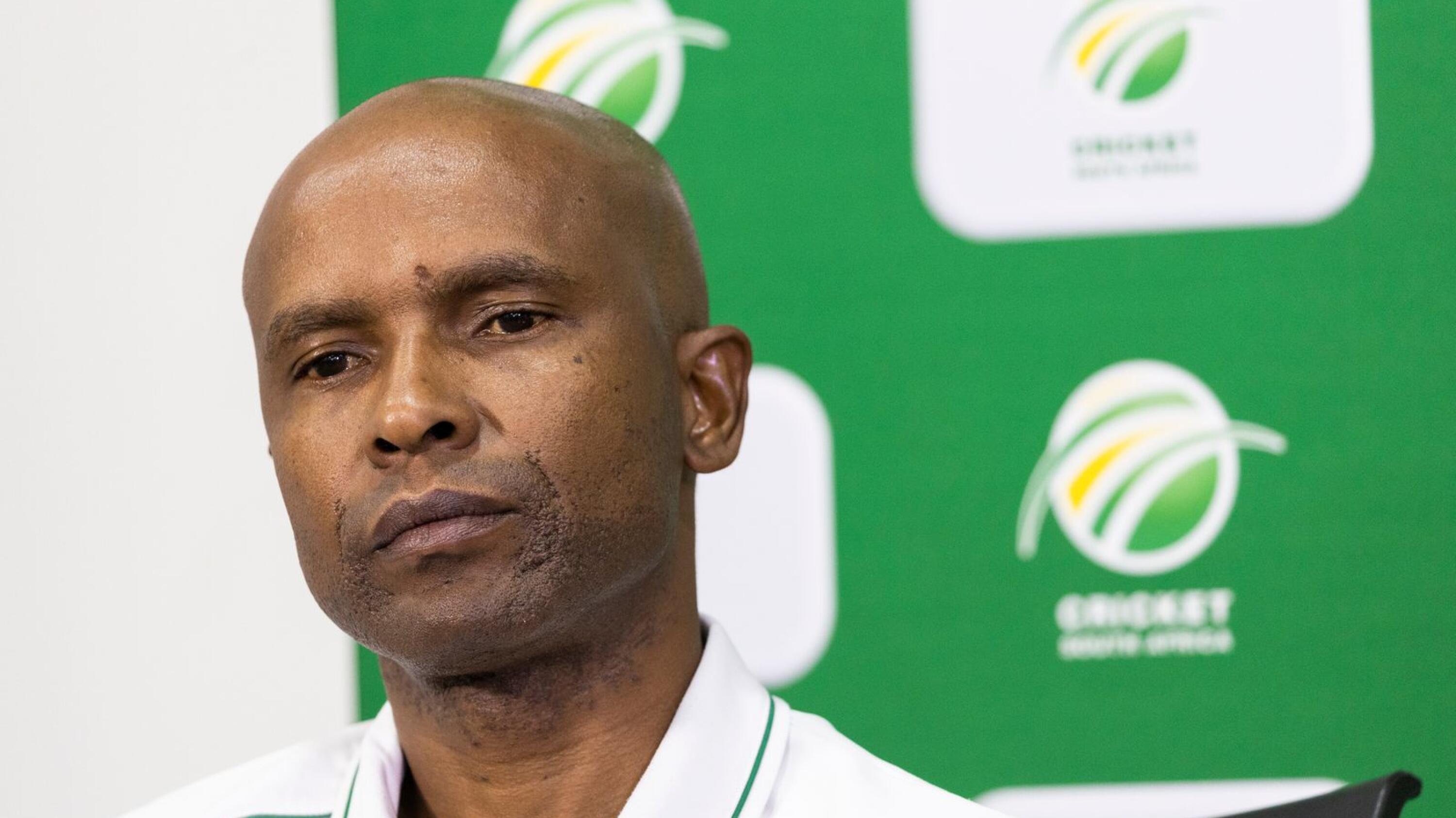Cricket South Africa (CSA) chief executive Pholetsi Moseki looks on during a press conference.