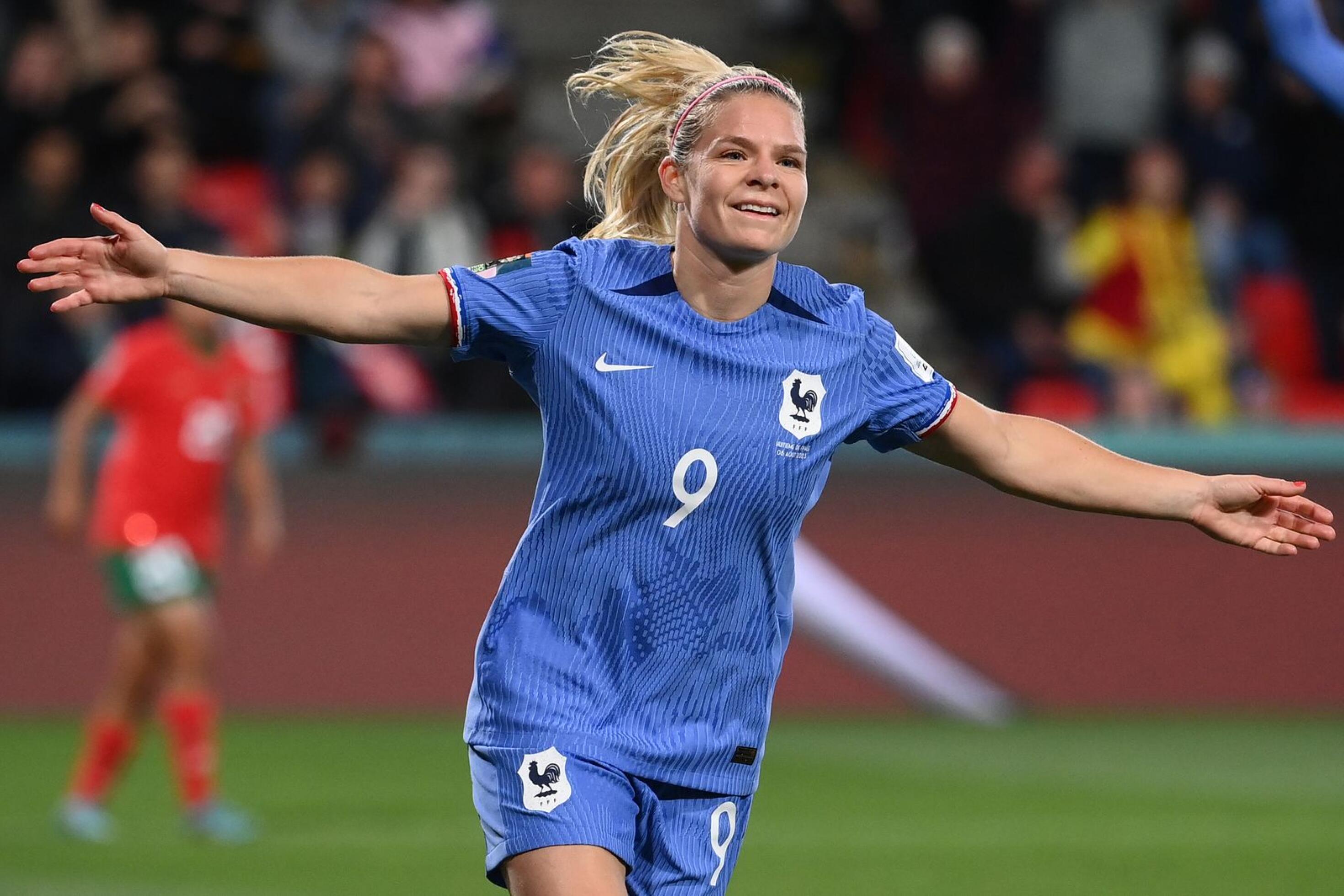 France's Eugenie Le Sommer celebrates after scoring her team's fourth goal during their 2023 Women's World Cup round of 16 football match against Morocco at Hindmarsh Stadium in Adelaide on Tuesday