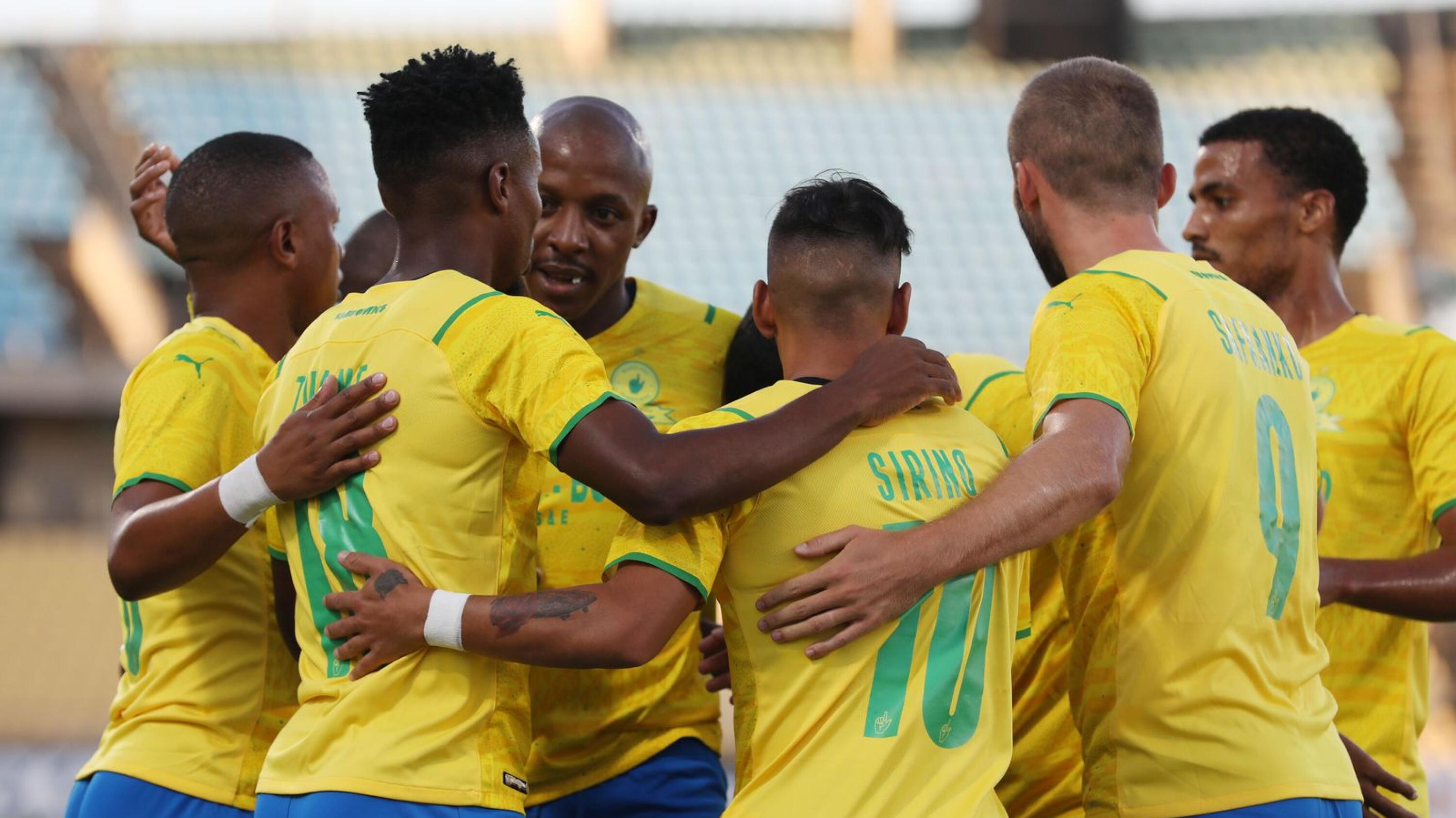 Themba Zwane of Mamelodi Sundowns celebrates with teammates after scoring during their CAF Champions League game against Al Hilal at Royal Bafokeng Stadium in Rustenburg on Friday