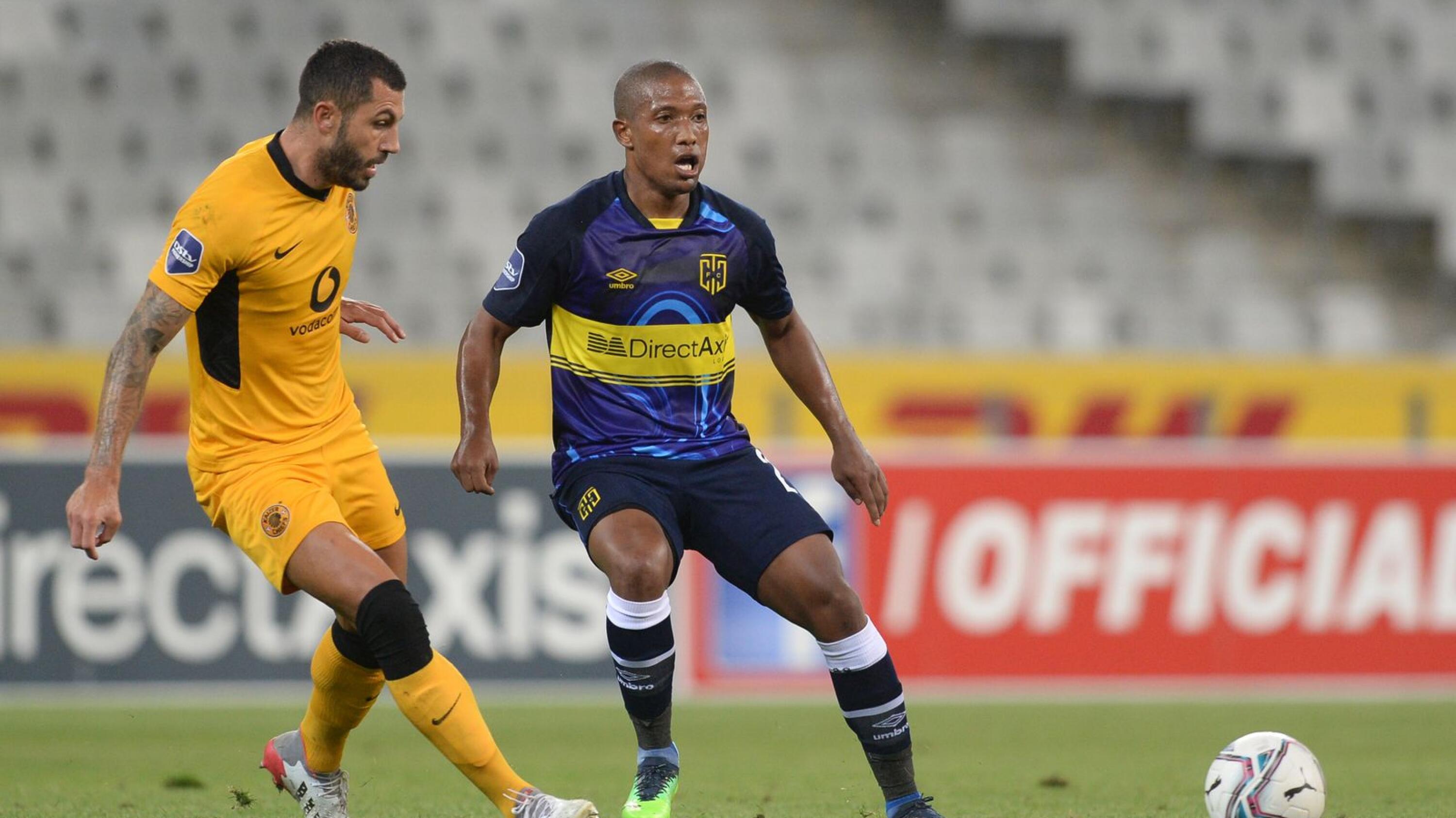 Mogamat May of Cape Town City is challenged by Daniel Cardoso of Kaizer Chiefs during their DStv Premiership game at Cape Town Stadium on Tuesday