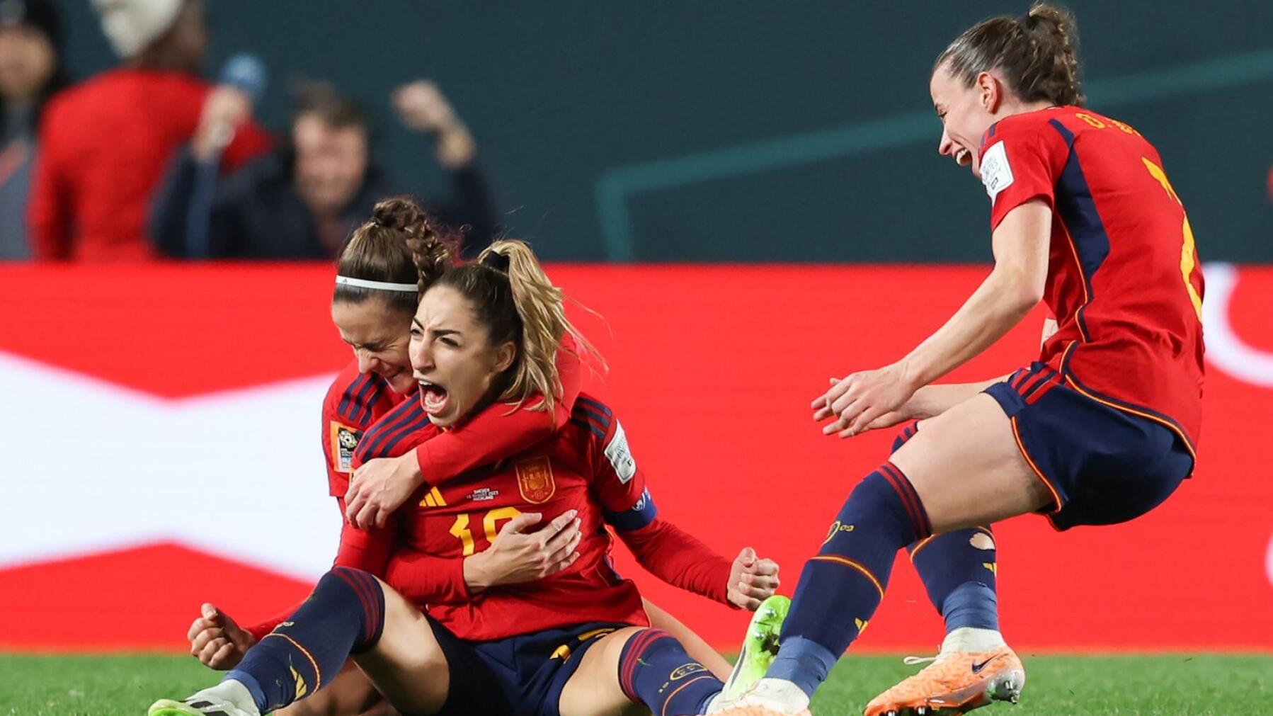 Spain's defender Olga Carmona celebrates scoring her team's second goal during the Women's World Cup semi-final against Sweden at Eden Park in Auckland