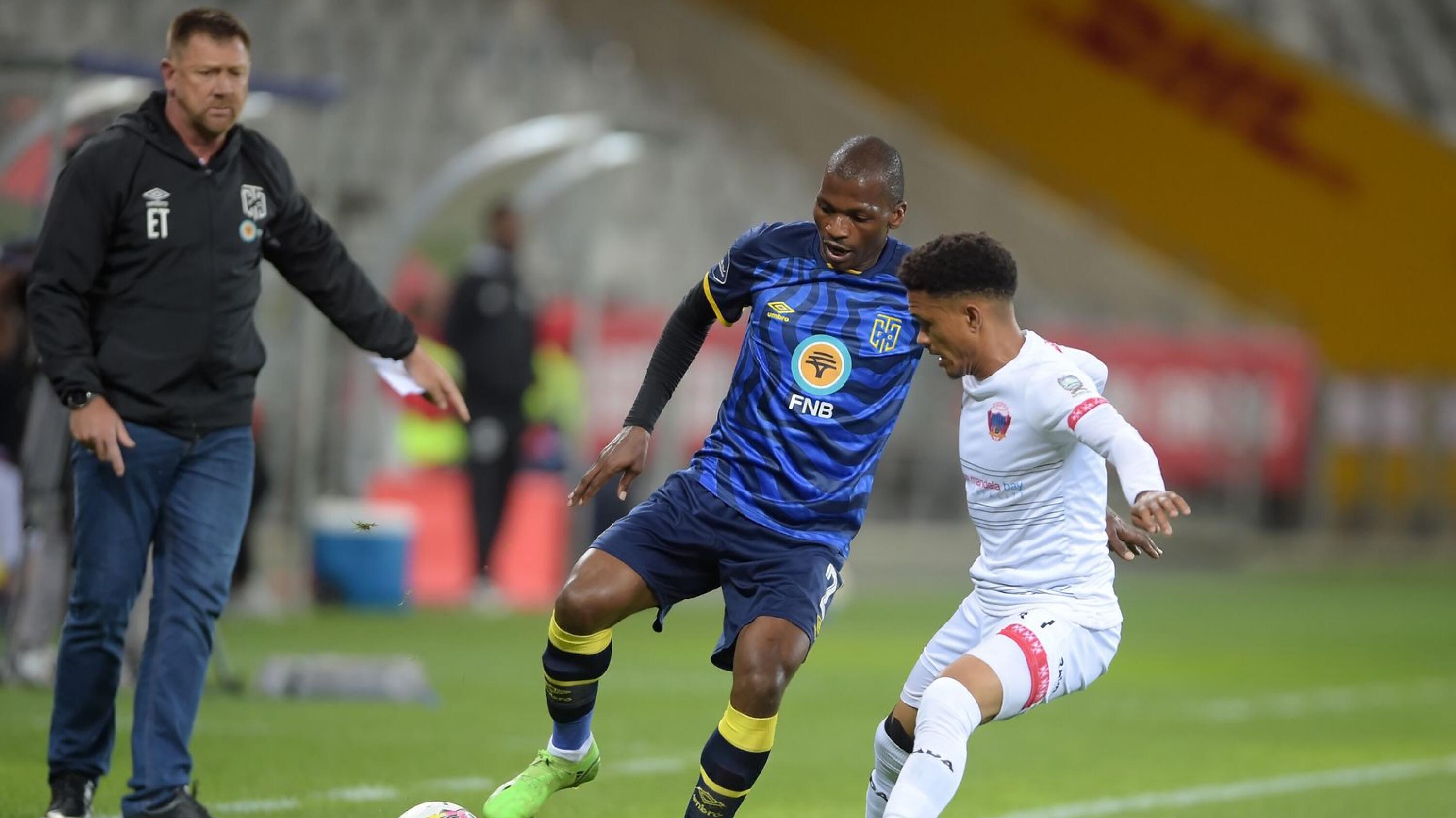 Cape Town City’s Thamsanqa Mkhize control the ball as Chippa United’s Ronaldo Maarman makes the challenge during their DStv Premiership clash at Cape Town Stadium on Tuesday